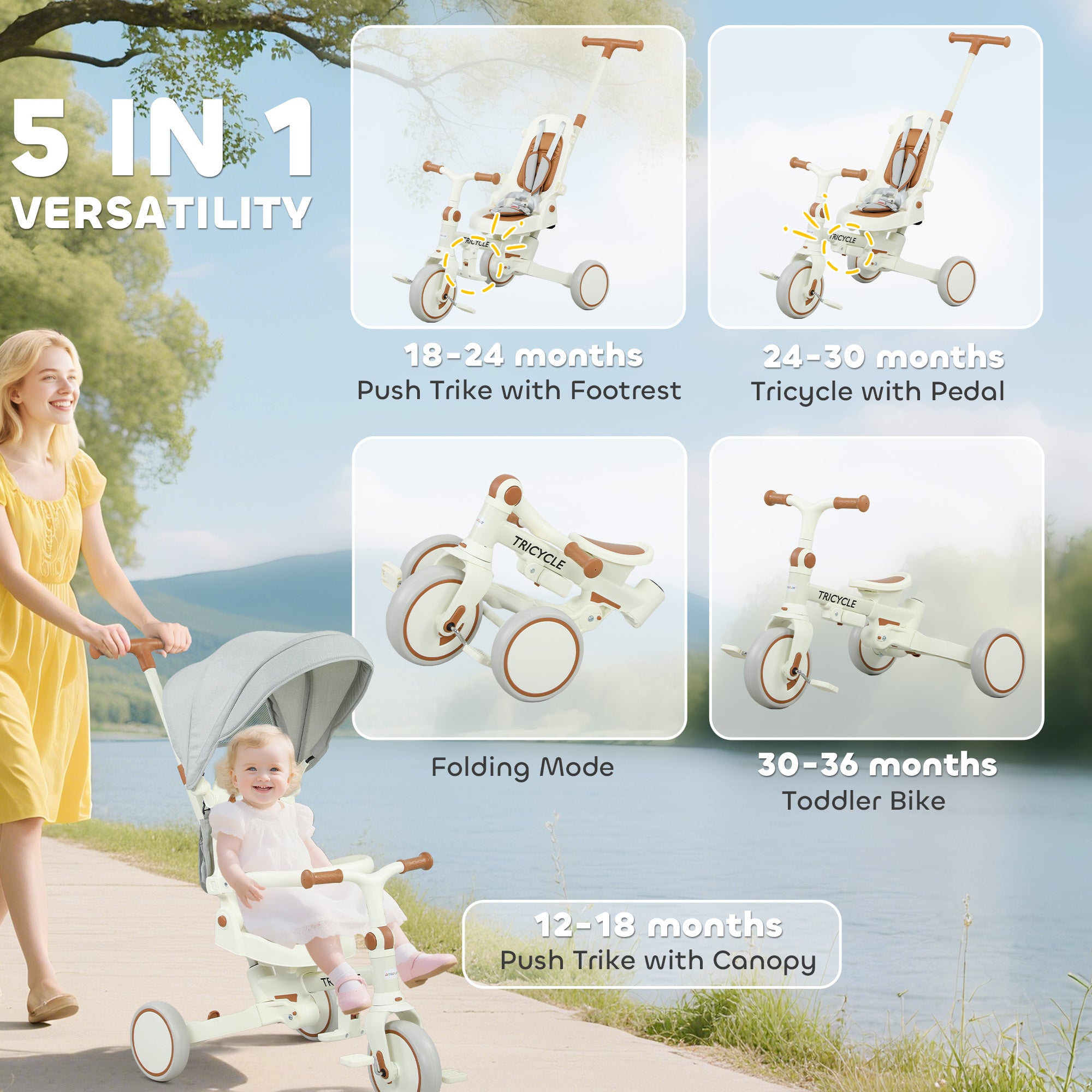 5 in 1 Kids Trike with Adjustable Backrest, Toddler Tricycle with Push Handlebar, Adjustable Backrest, Cream White