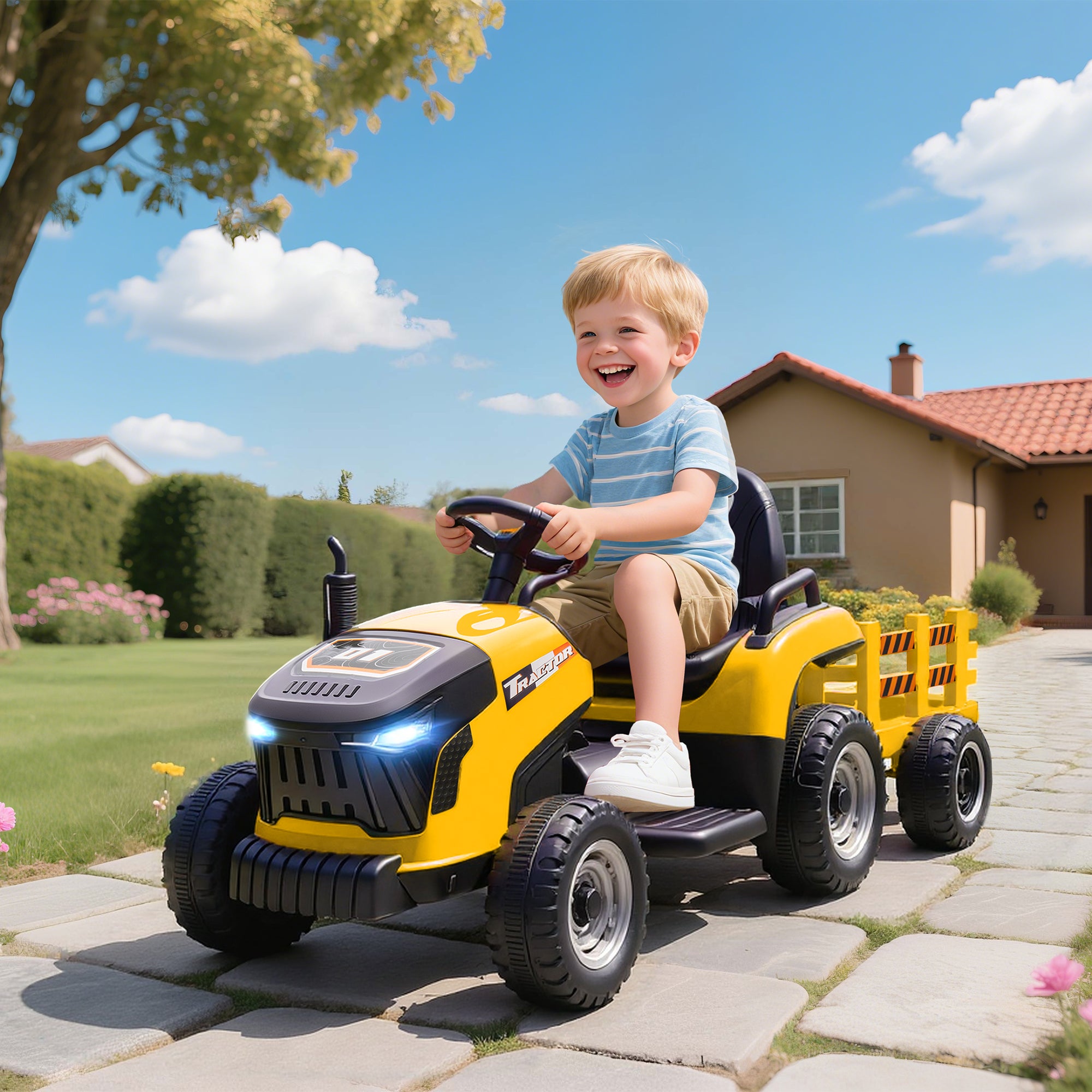12V Ride on Tractor and Trailer with Remote Control, Music, Shifter, Start-Up Sound, for Kids Ages 3-8 Years, Yellow
