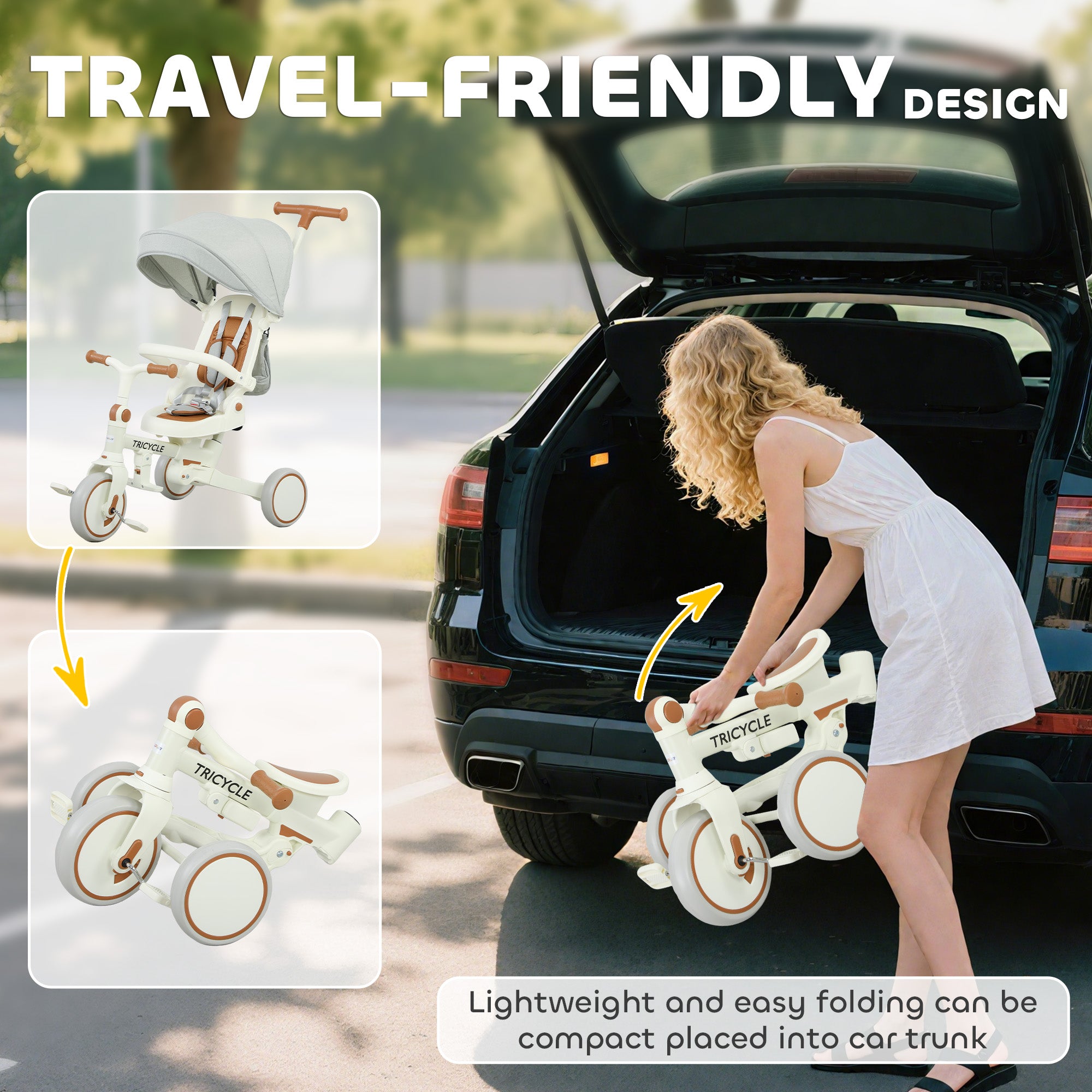 5 in 1 Kids Trike with Adjustable Backrest, Toddler Tricycle with Push Handlebar, Adjustable Backrest, Cream White