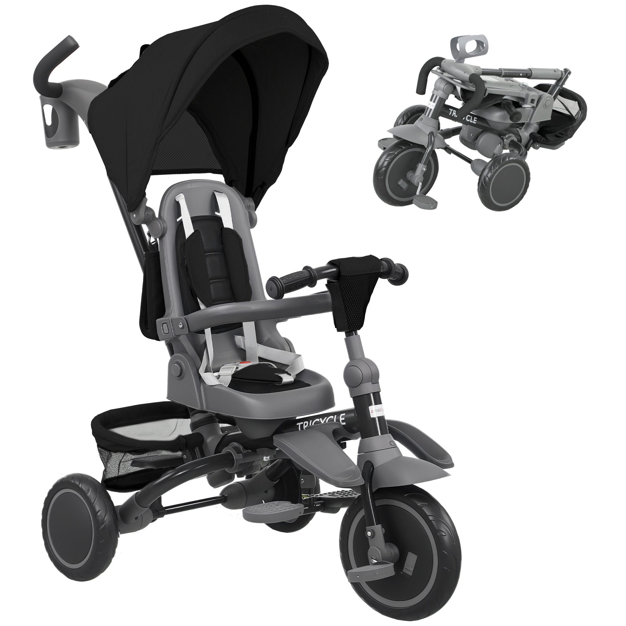 6 in 1 Foldable Kids Trike with Adjustable Parent Handle & Canopy for Ages 1-5, Black