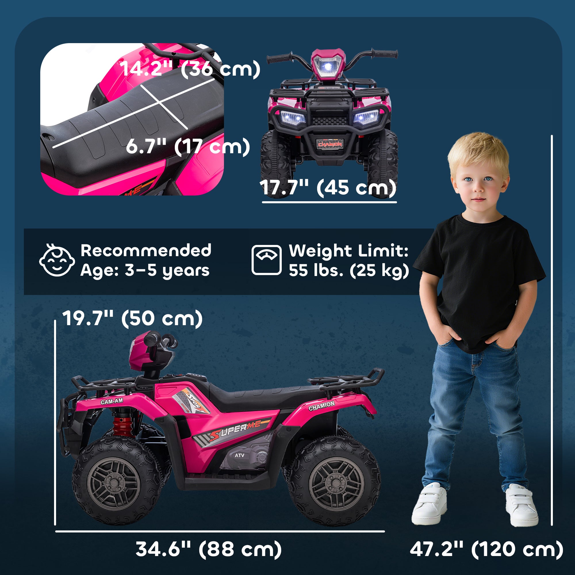 12V Kids Quad Bike with Forward, Reverse Functions, Ride-On ATV w/ Music, LED, Headlights, for Ages 3-5 Years