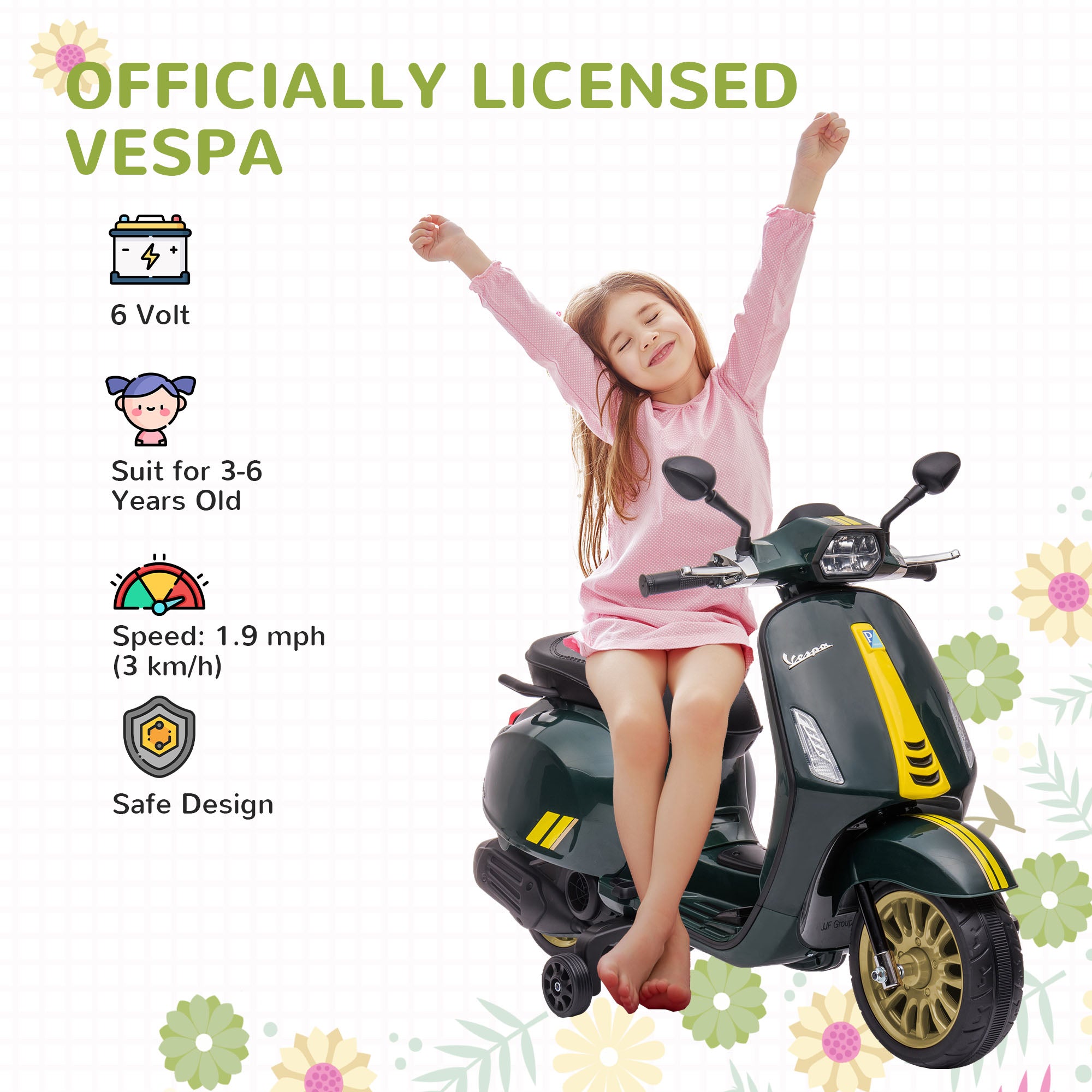 12V Vespa Licensed Kids Electric Motorbike w/ Music, Headlights, FM Radio, for 3-6 Years