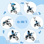 6 in 1 Kids Trike Push Bike w/ Push Handle, Canopy, 5-point Safety Belt, Storage, Footrest, Brake, for 1-5 Years