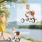 2-In-1 Toddler Trike for 2-5 Years Old, 3 Wheel Bike with Adjustable Parent Handle, Basket for Boys and Girls, White