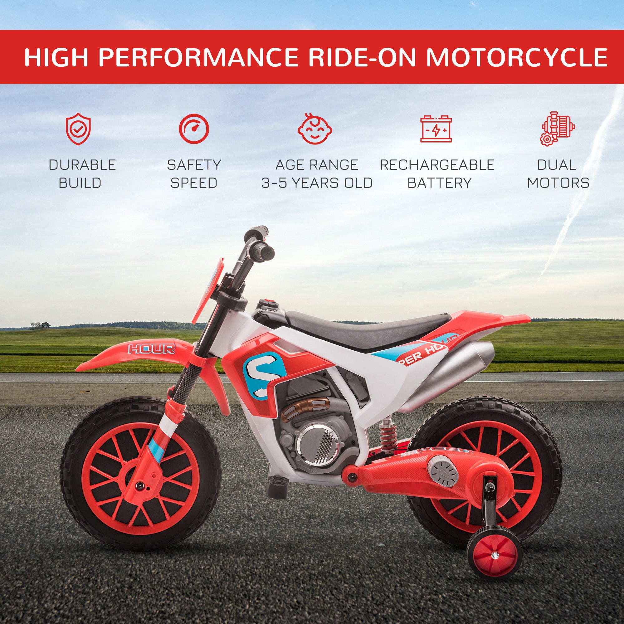 12V Kids Electric Motorcycle Ride-On, with Training Wheels, for Ages 3-6 Years