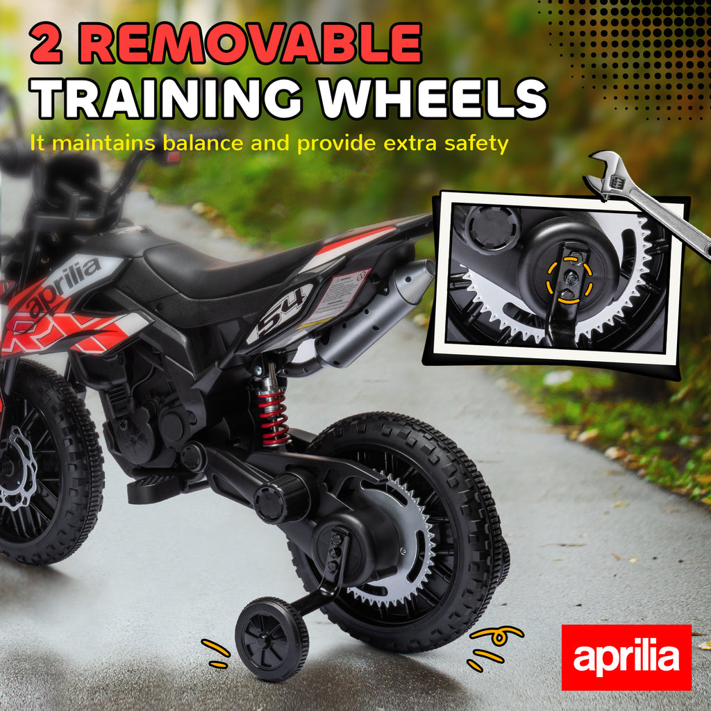 12V Aprilia Licensed Kids Motorbike with Training Wheels, Spring Suspension, LED Headlight, USB, Music