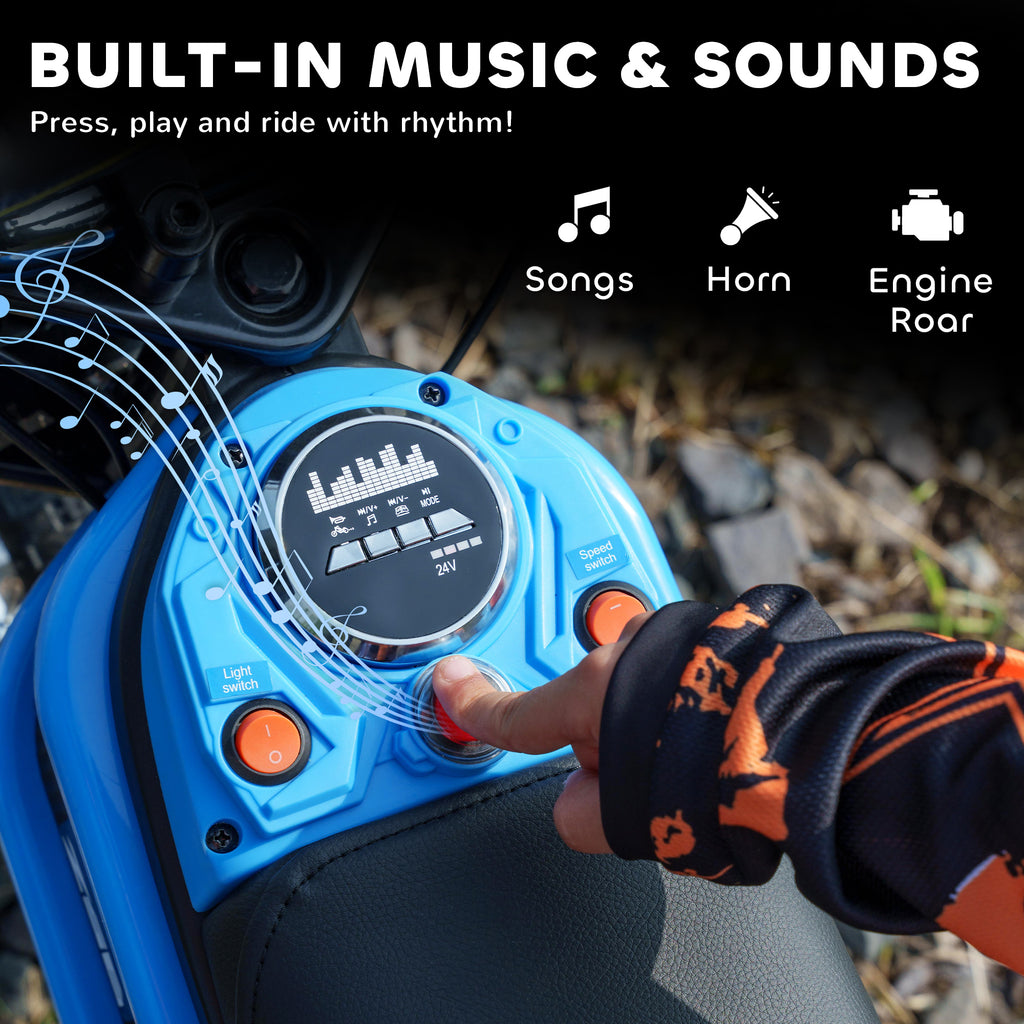 24V Electric Motorbike with Twist Grip Throttle, Music, Horn, 12" Pneumatic Tyres, 16km/h Max Speed