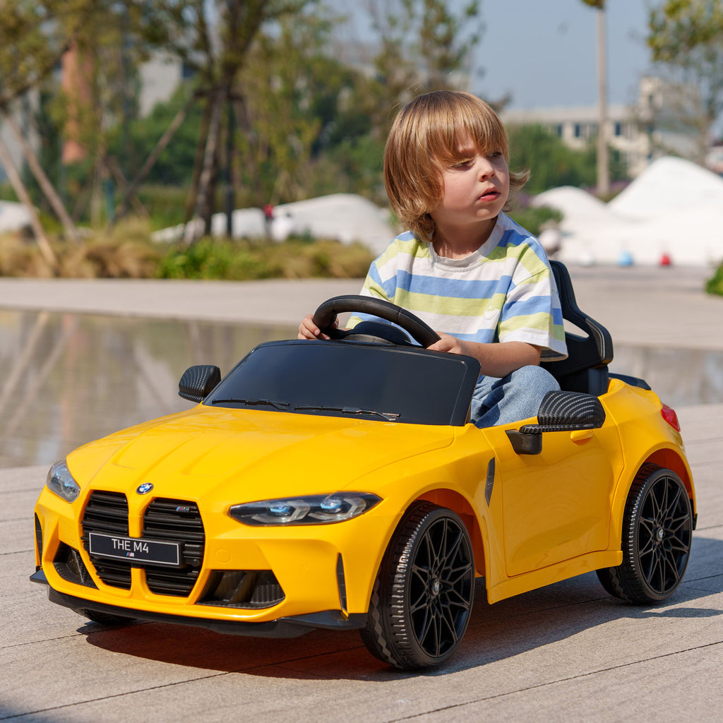 12V BMW M4 Licensed Kids Car with Easy Transport, Remote Control, Suspension, Music, Horn, LED Lights