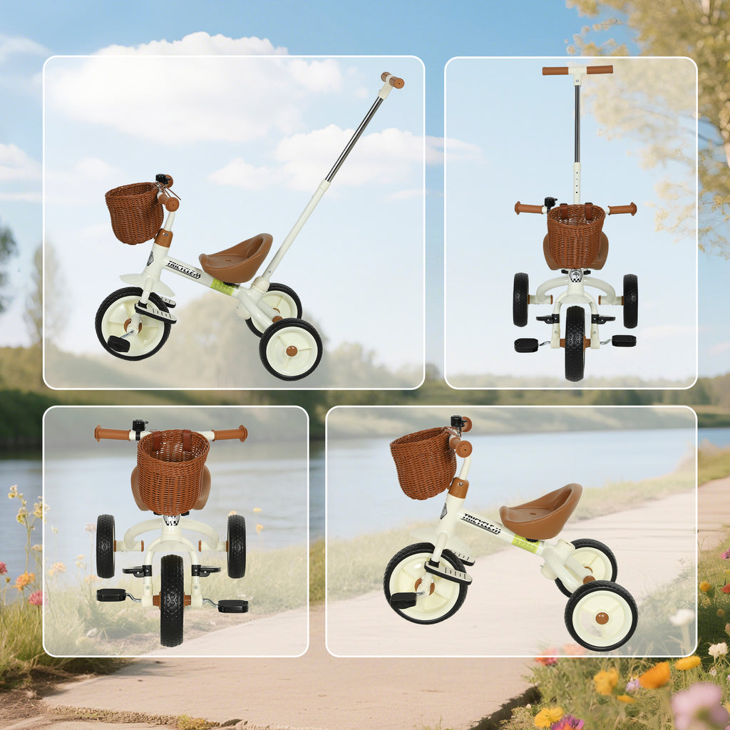 2-In-1 Toddler Trike for 2-5 Years Old, 3 Wheel Bike with Adjustable Parent Handle, Basket for Boys and Girls, White