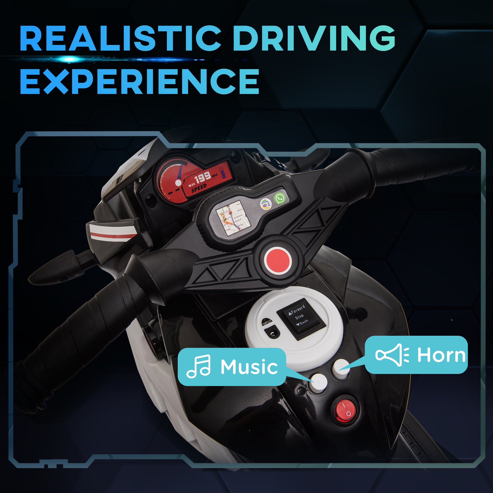 Kids Electric Motorcycle Ride-On Toy, with Three Wheels, Music, Horn, Lights