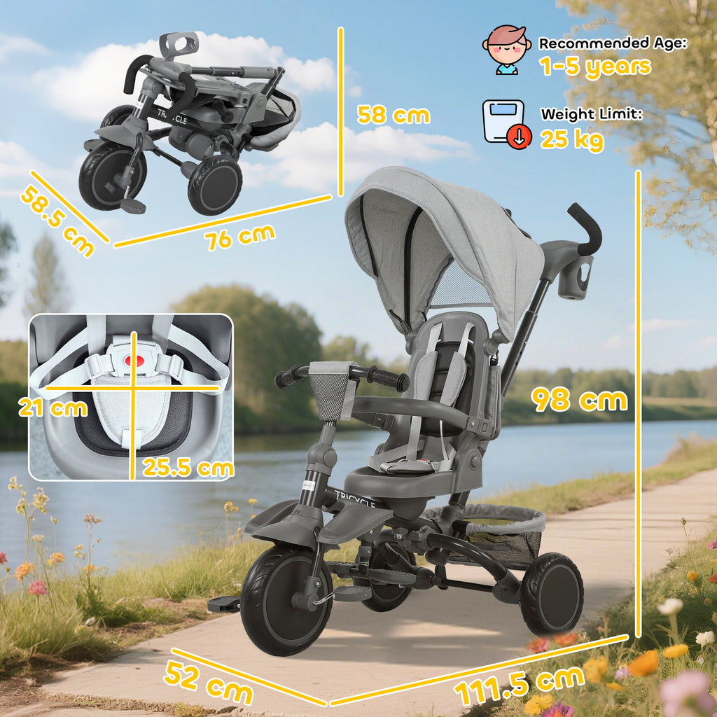 6 in 1 Foldable Kids Trike with Adjustable Parent Handle & Canopy for Ages 1-5, Grey