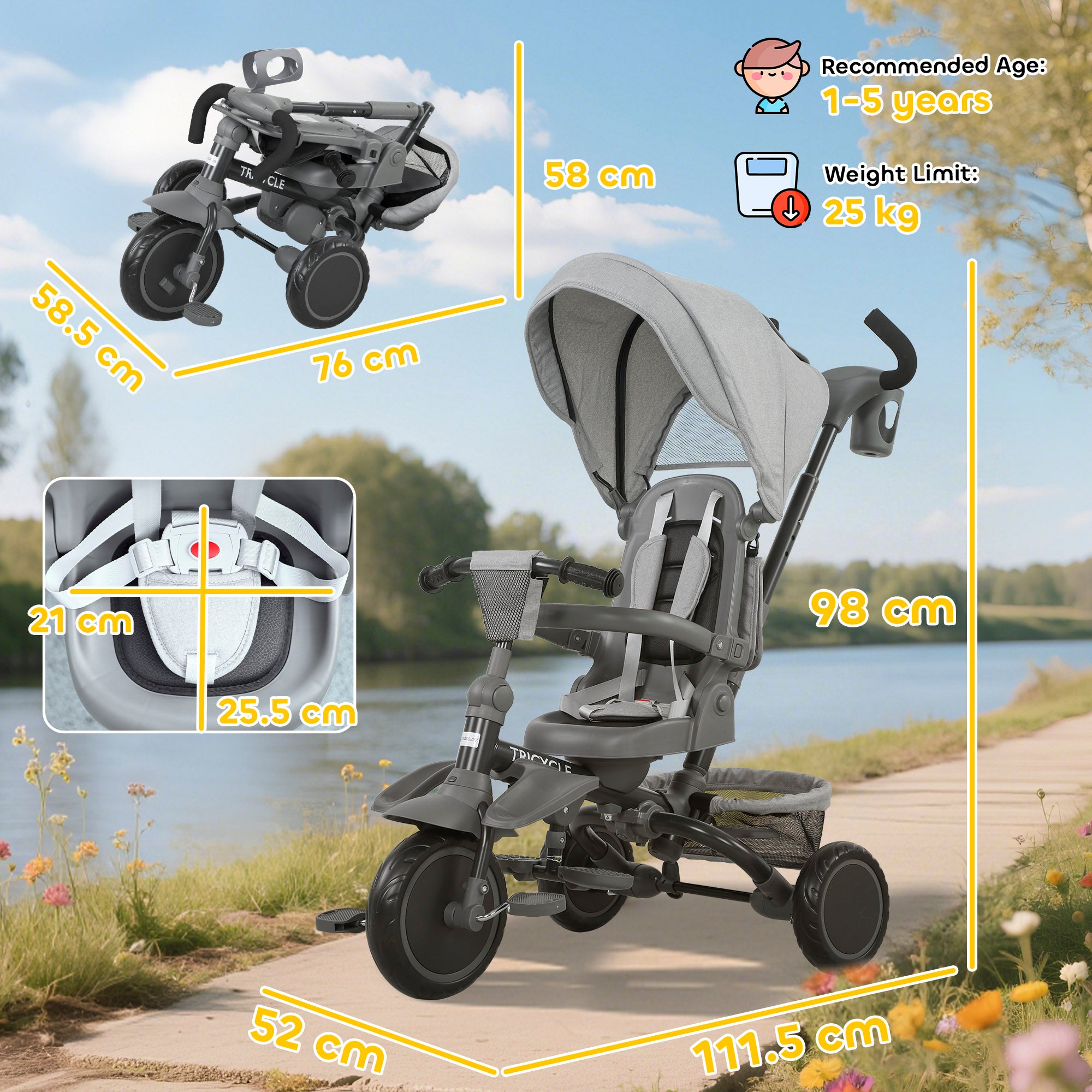 6 in 1 Foldable Kids Trike with Adjustable Parent Handle & Canopy for Ages 1-5, Grey