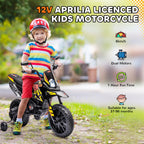 12V Aprilia Licensed Kids Motorbike with Training Wheels, Spring Suspension, LED Headlight, USB, Music