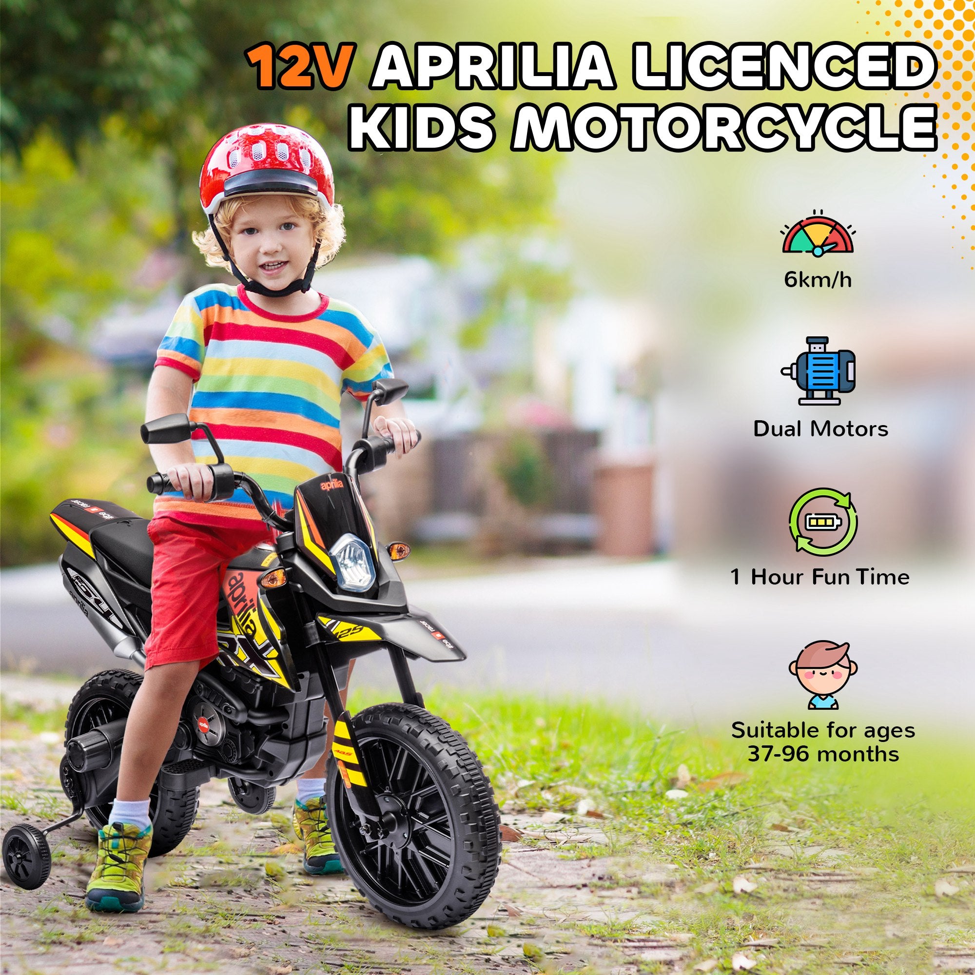 12V Aprilia Licensed Kids Motorbike with Training Wheels, Spring Suspension, LED Headlight, USB, Music