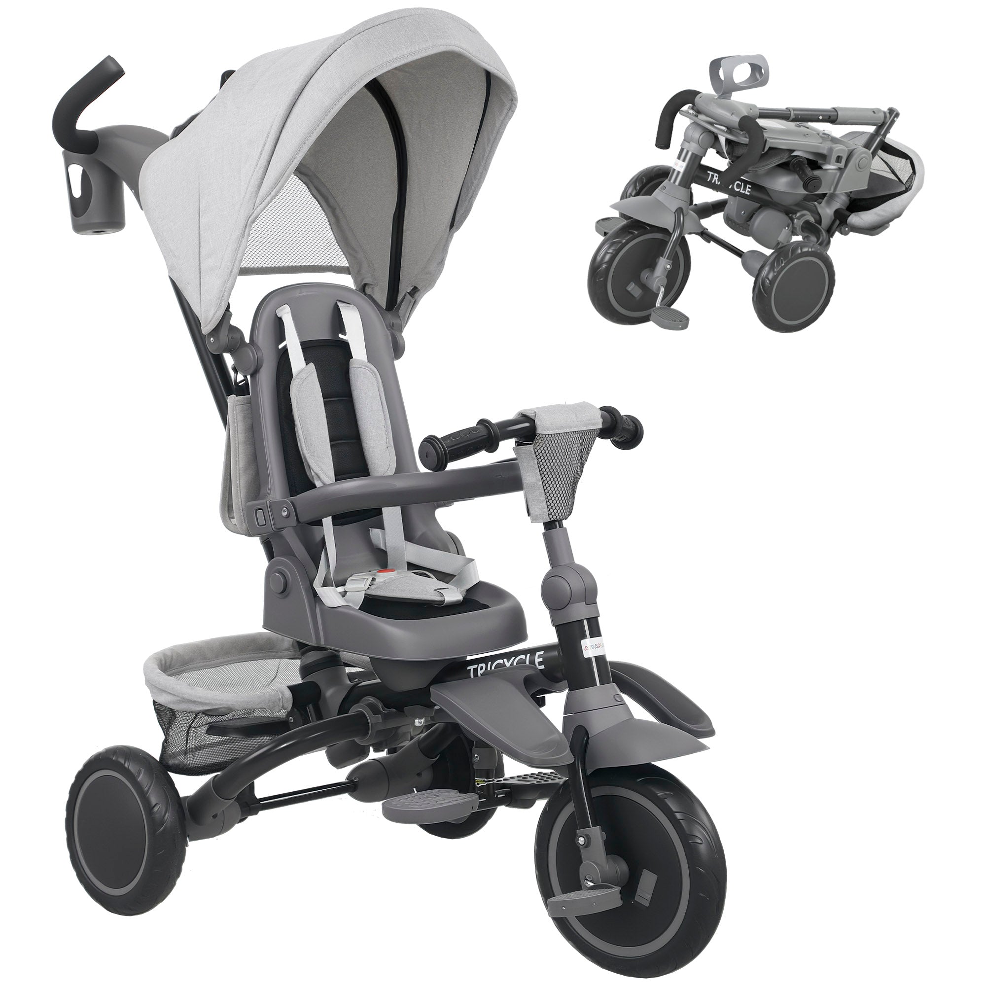 6 in 1 Foldable Kids Trike with Adjustable Parent Handle & Canopy for Ages 1-5, Grey