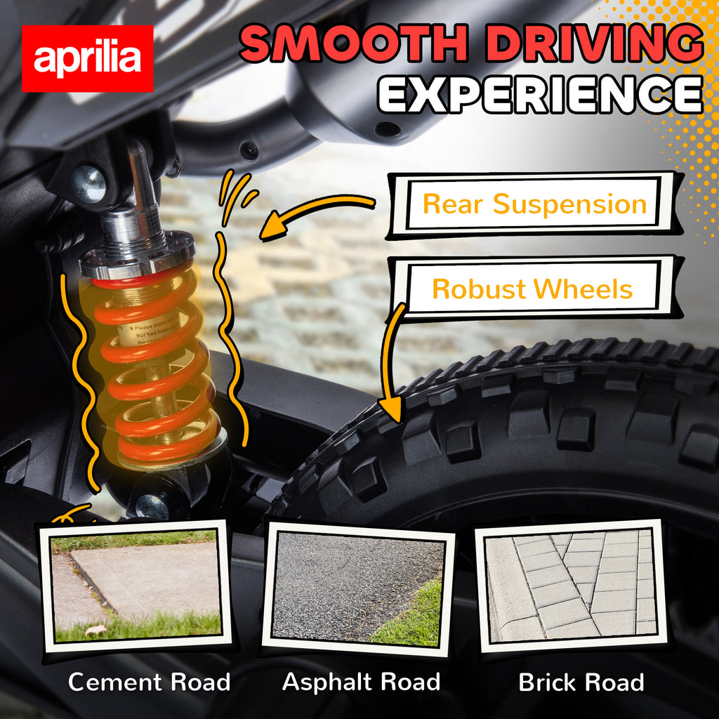 12V Aprilia Licensed Kids Motorbike with Training Wheels, Spring Suspension, LED Headlight, USB, Music