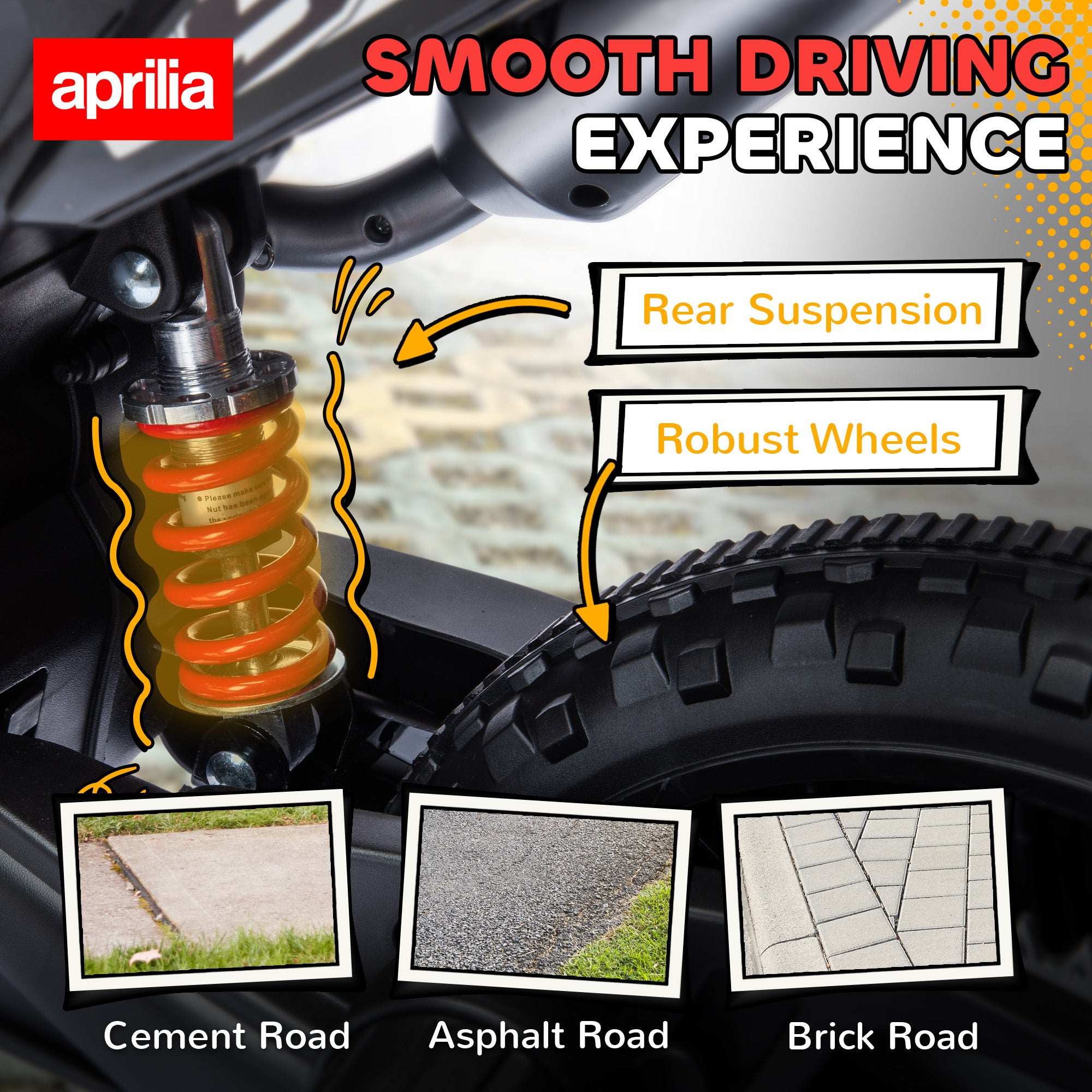 12V Aprilia Licensed Kids Motorbike with Training Wheels, Spring Suspension, LED Headlight, USB, Music