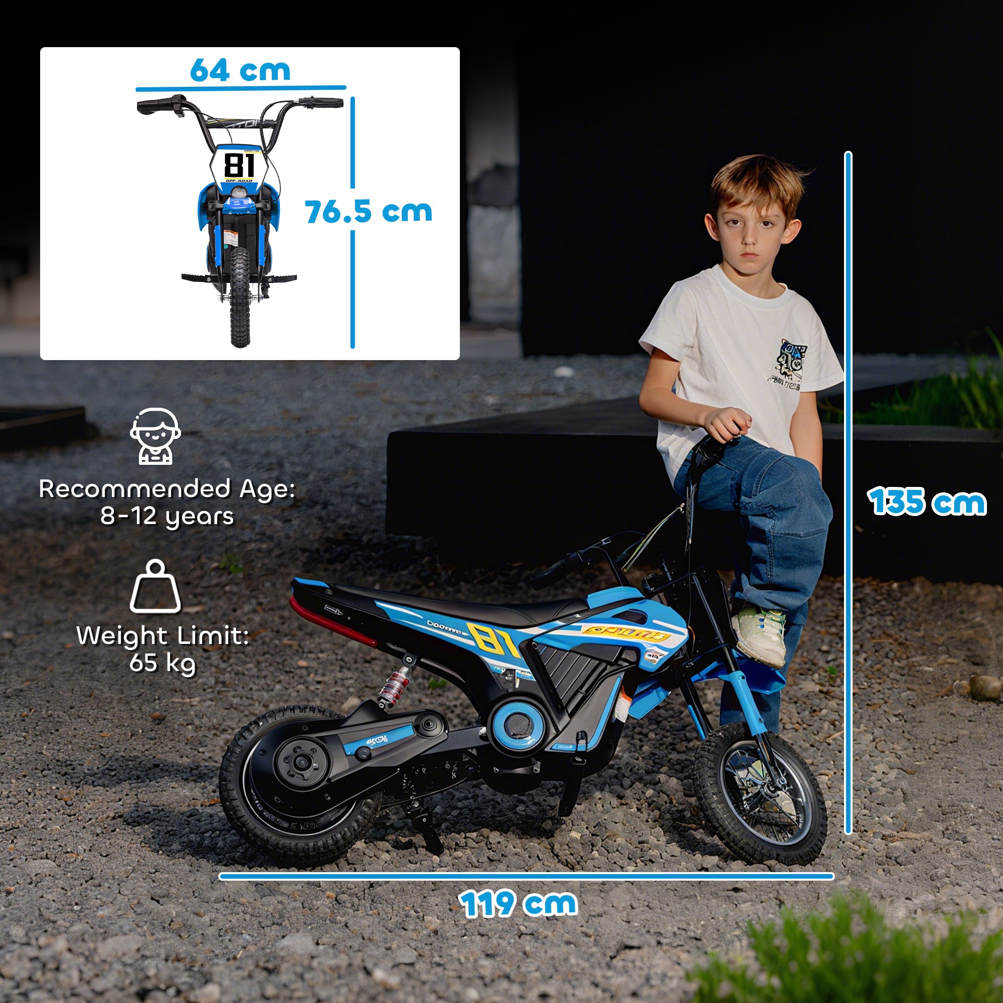Kids Electric Motorbike, 24V Ride On Motorcycle with 3 Speeds and Rear Suspension, Dirt Bike for 8-12 Years Old