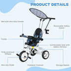 6 in 1 Tricycle for Kids with 5-point harness straps, Removable Canopy