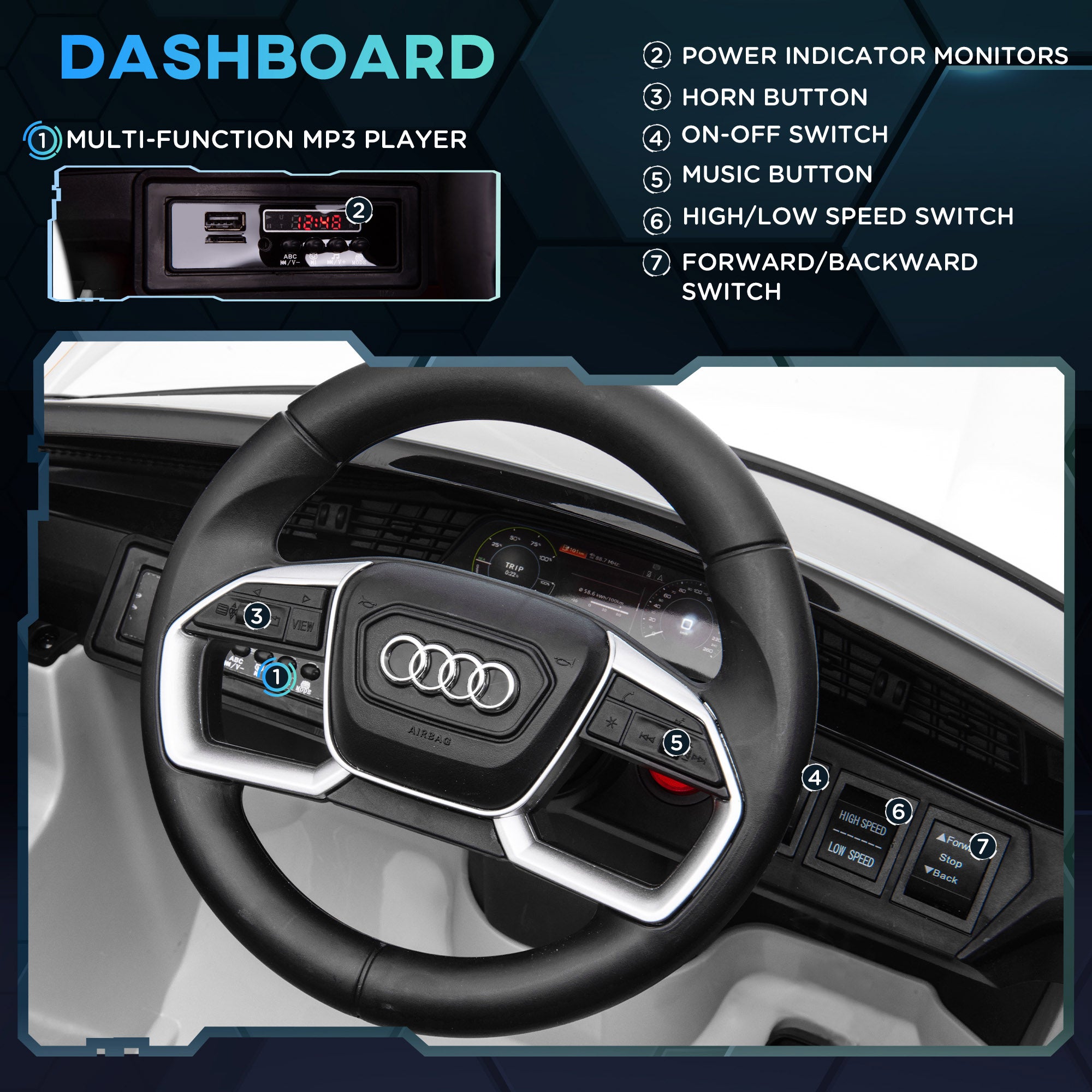 12V Kids Electric Ride-On Car, with Remote Control, Lights, Music, Horn