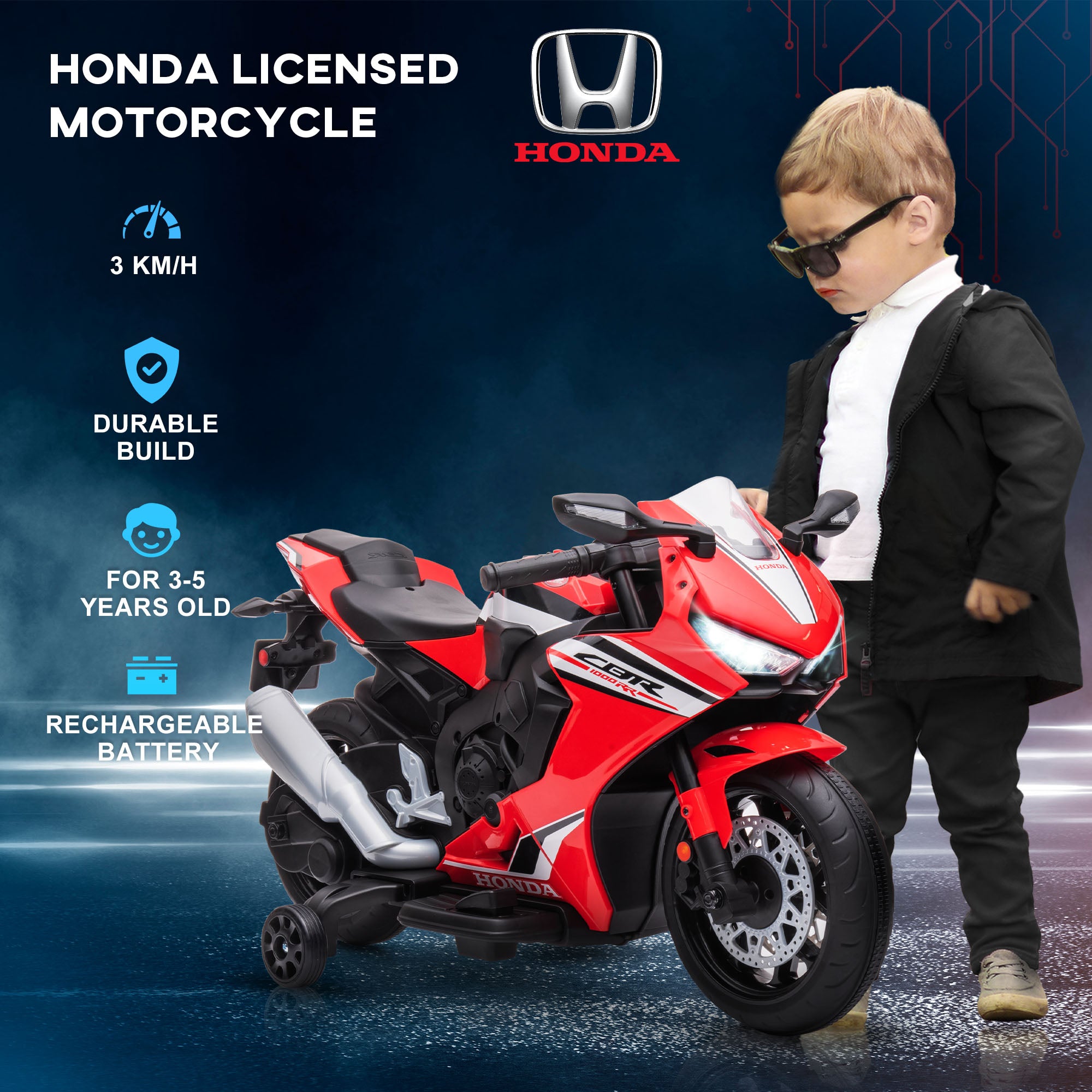 6V Honda Licensed Kids Motorcycle w/ Music, Training Wheels