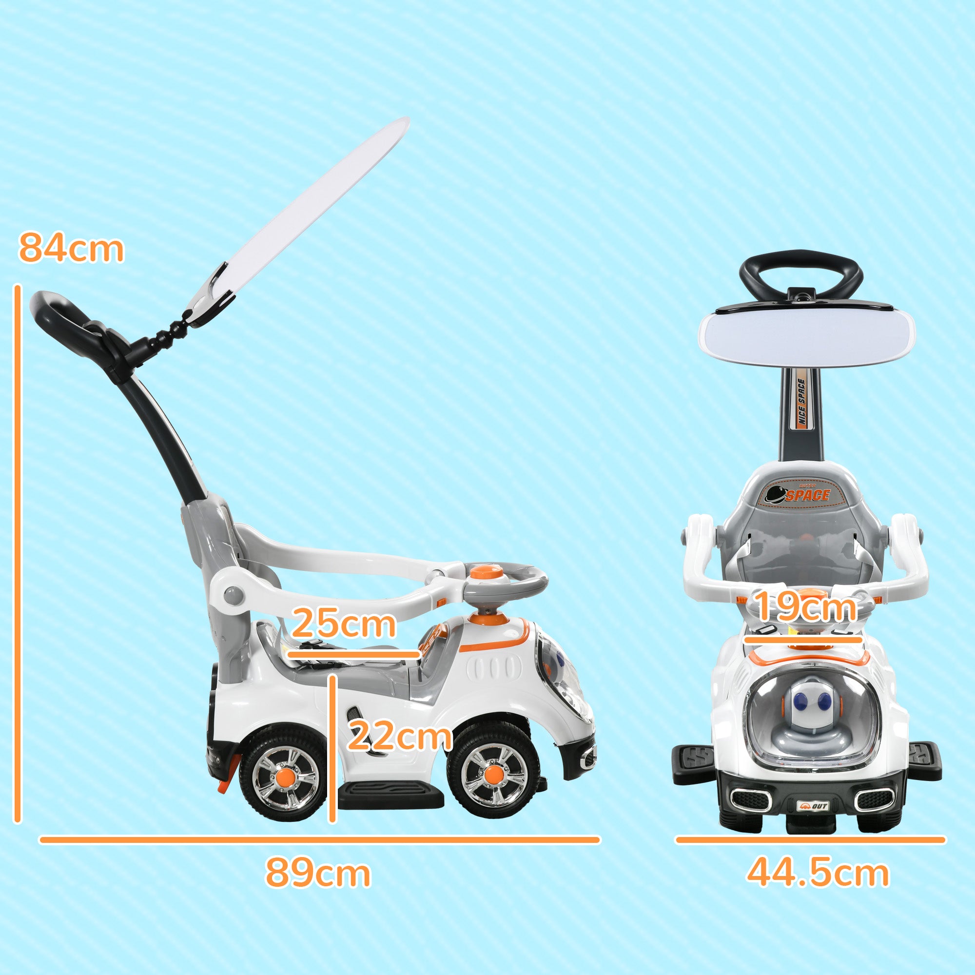 3 in 1 Ride on Push Car, Cartoon Robot Theme Foot to Floor Slider w/ Handle Light Music Horn, Storage
