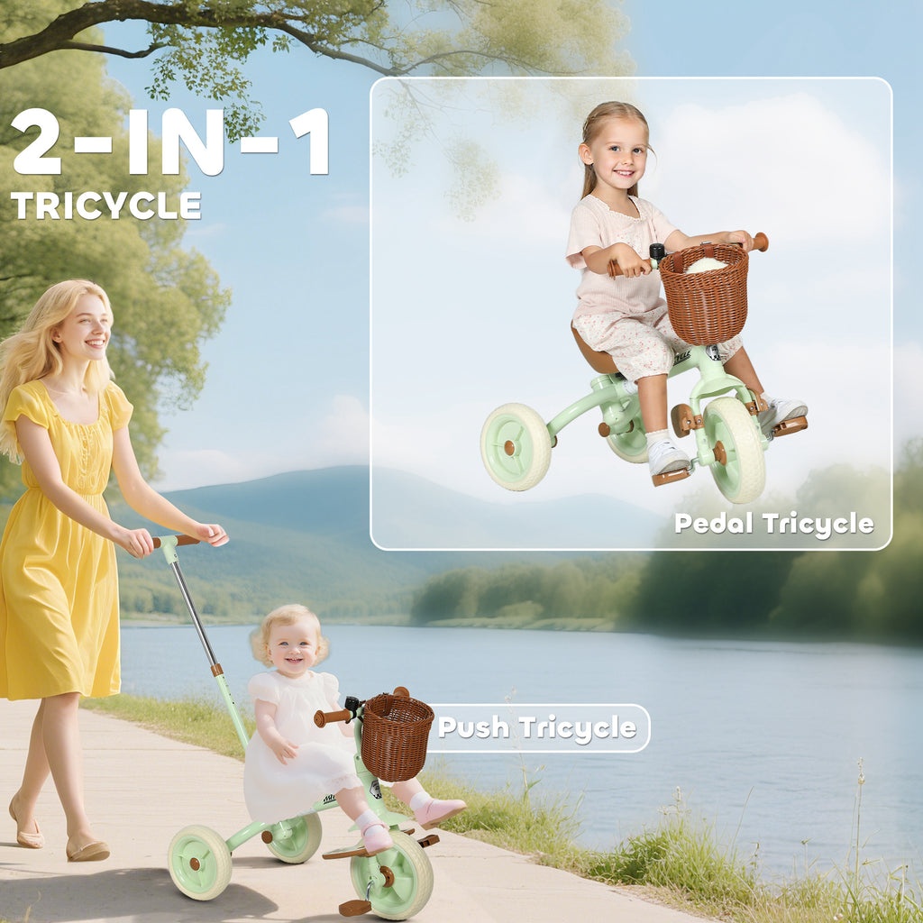 2-In-1 Toddler Trike for 2-5 Years Old, 3 Wheel Bike with Adjustable Parent Handle, Basket for Boys and Girls, Green