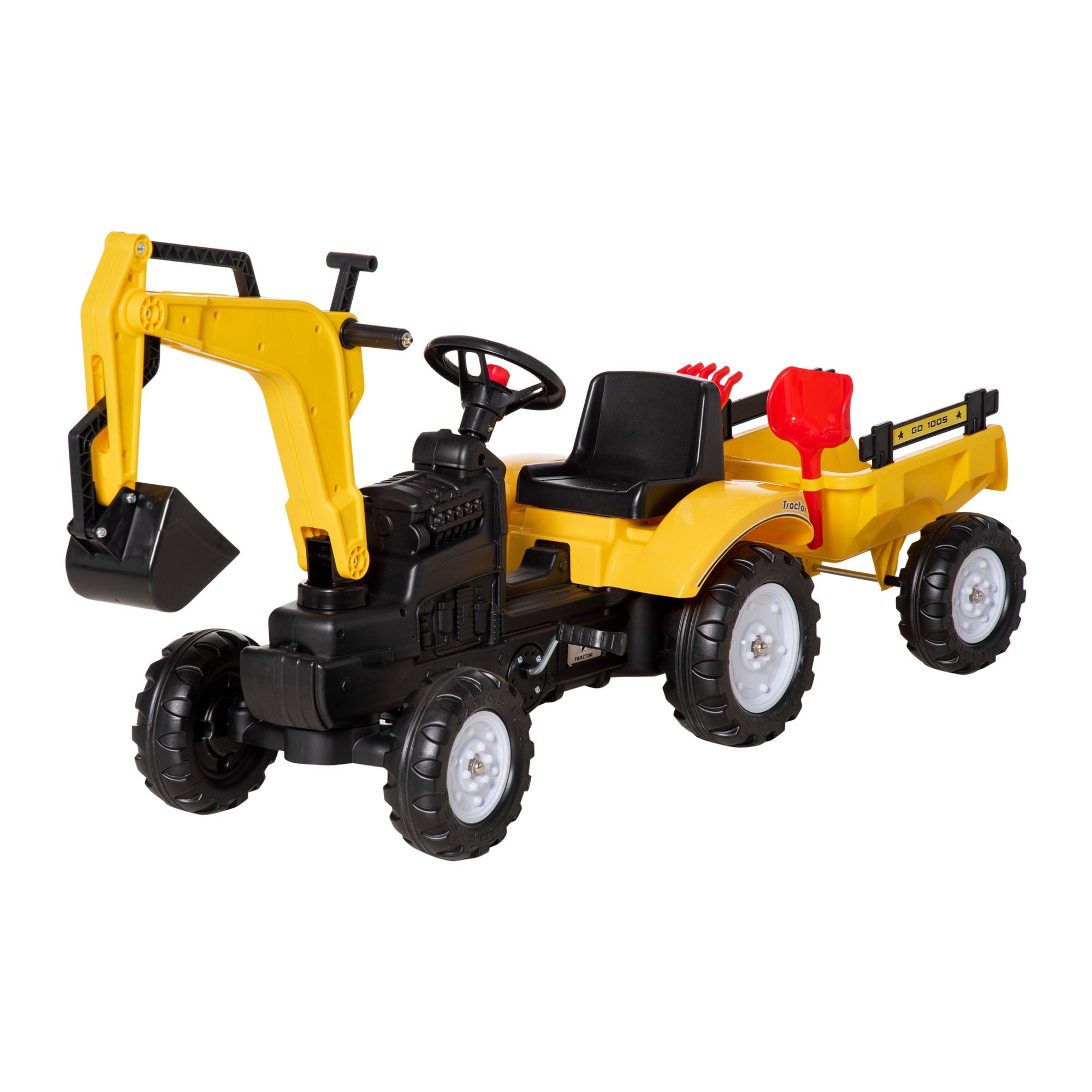 Kids Ride-On Construction Car, with Horn and Detachable Trailer - Yellow