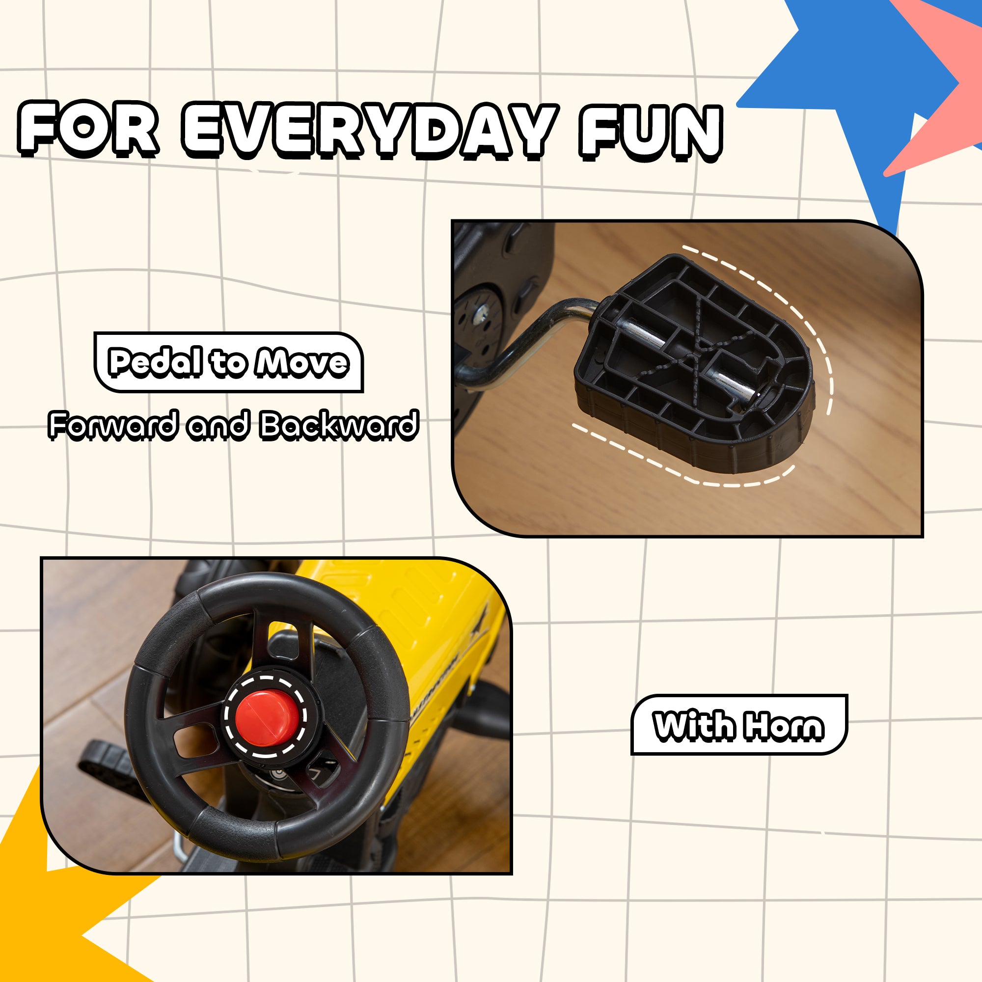 Kids Ride on Tractor with Back Trailer, Shovel & Rake, Horn, Four Wheels Tractor Toy for Child Toddler