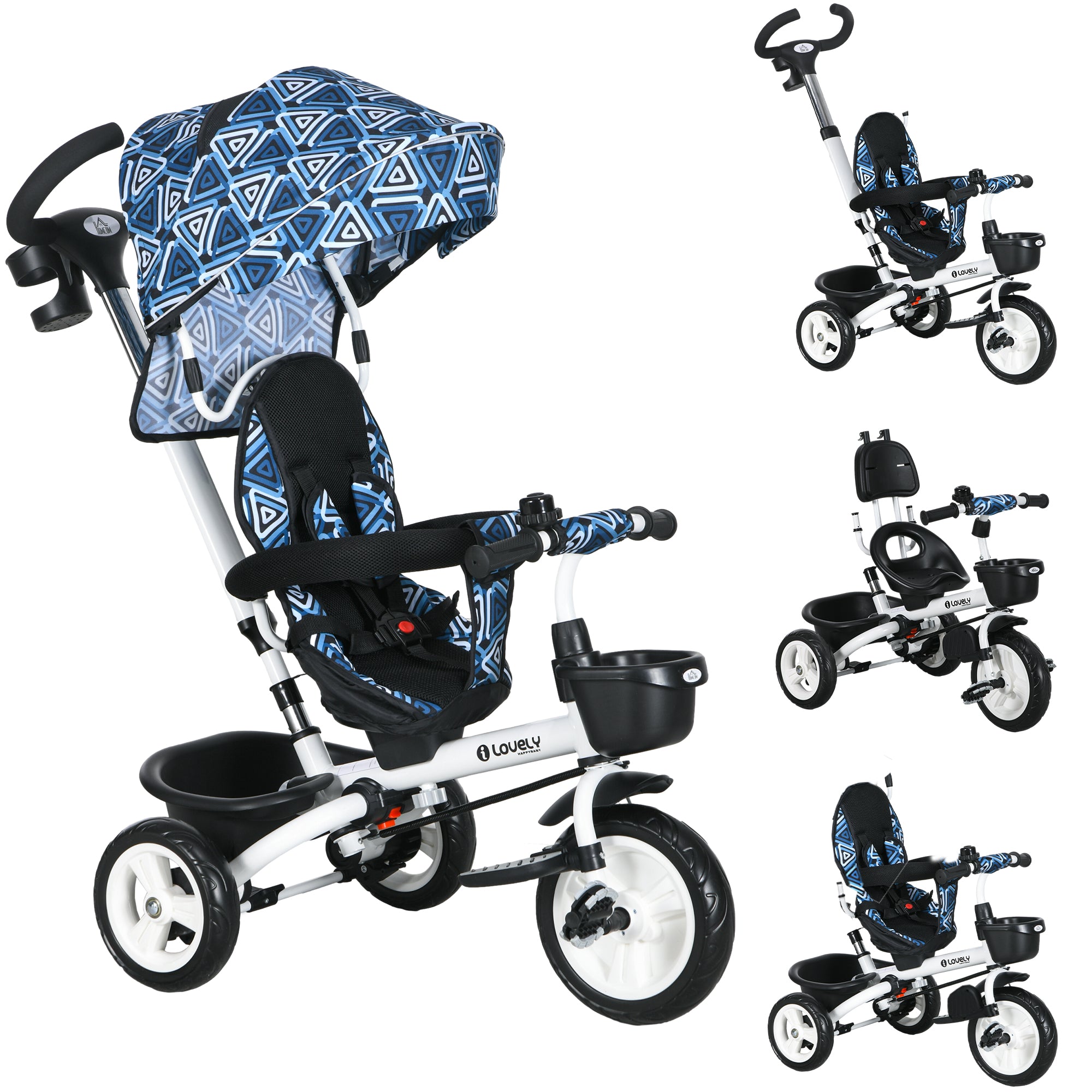 Metal Frame 6 in 1 Baby Push Tricycle with Parent Handle for 1-5 Years Old, Light