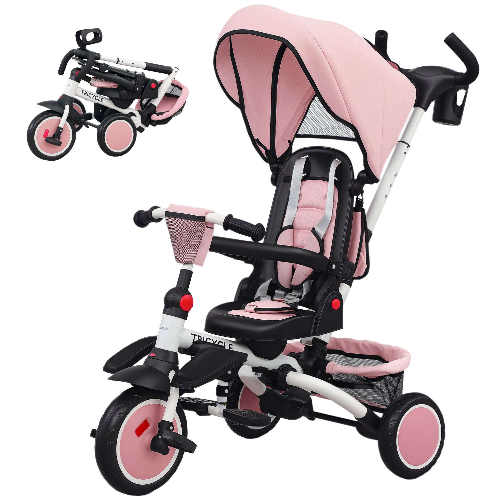 6 in 1 Foldable Kids Trike with Adjustable Parent Handle & Canopy for Ages 1-5, Pink