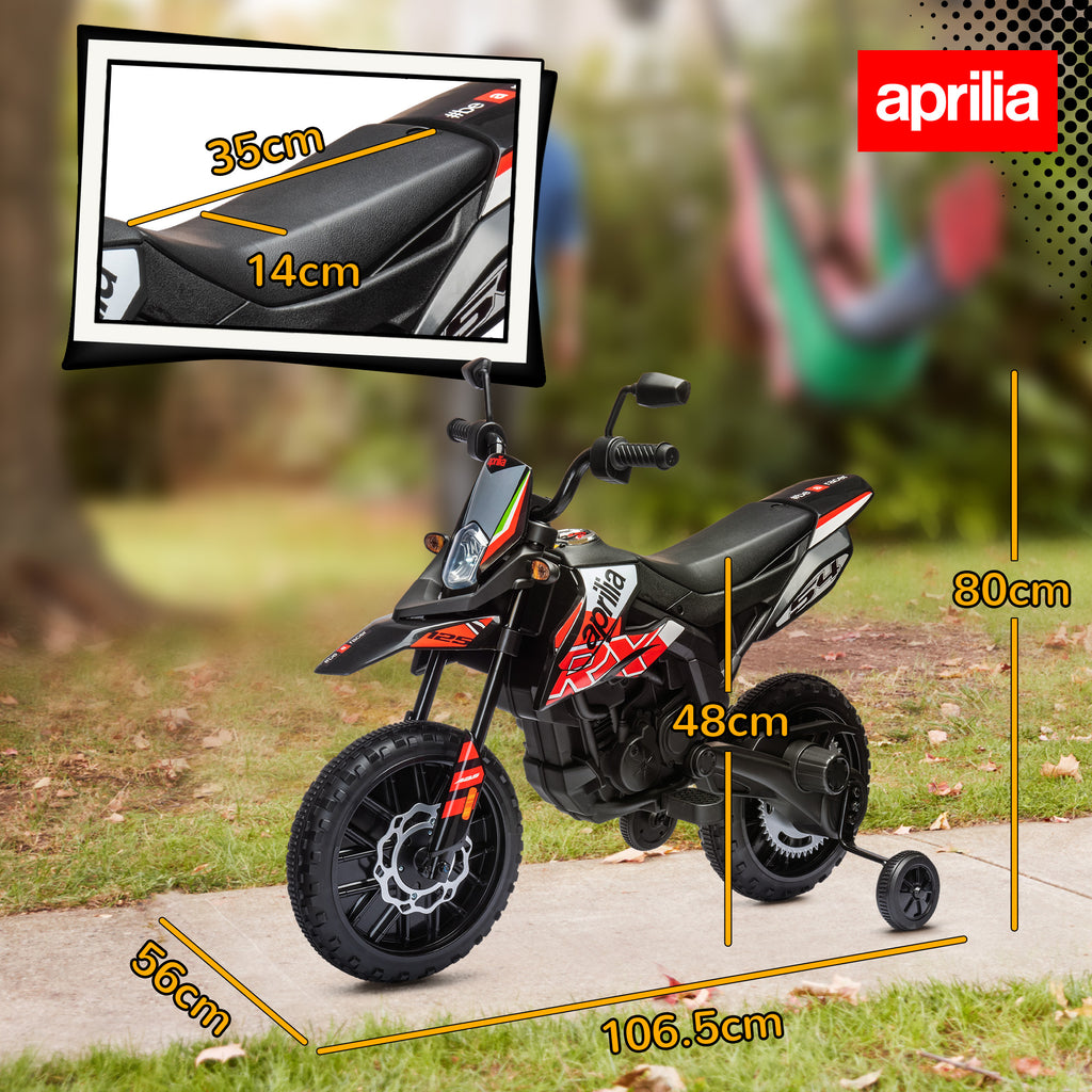 12V Aprilia Licensed Kids Motorbike with Training Wheels, Spring Suspension, LED Headlight, USB, Music
