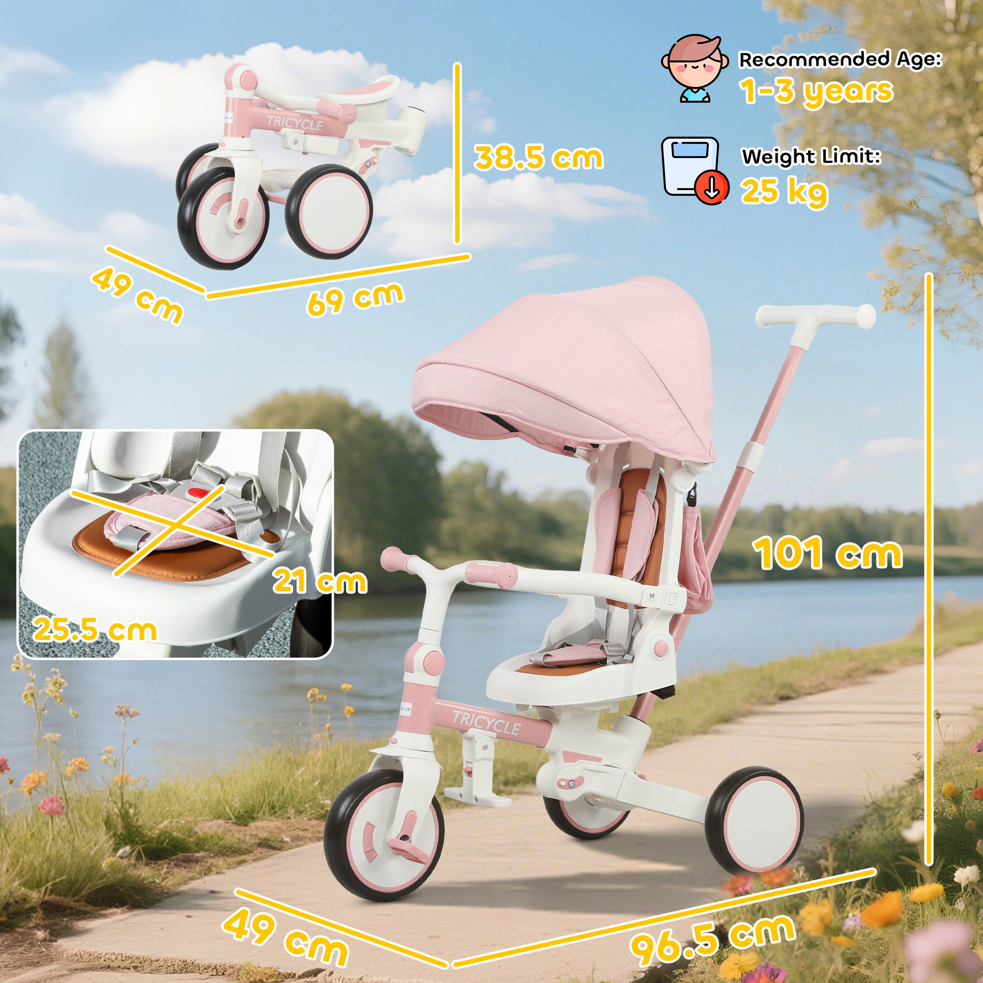 5 in 1 Kids Trike with Adjustable Backrest, Toddler Tricycle with Push Handlebar, Adjustable Backrest, Pink