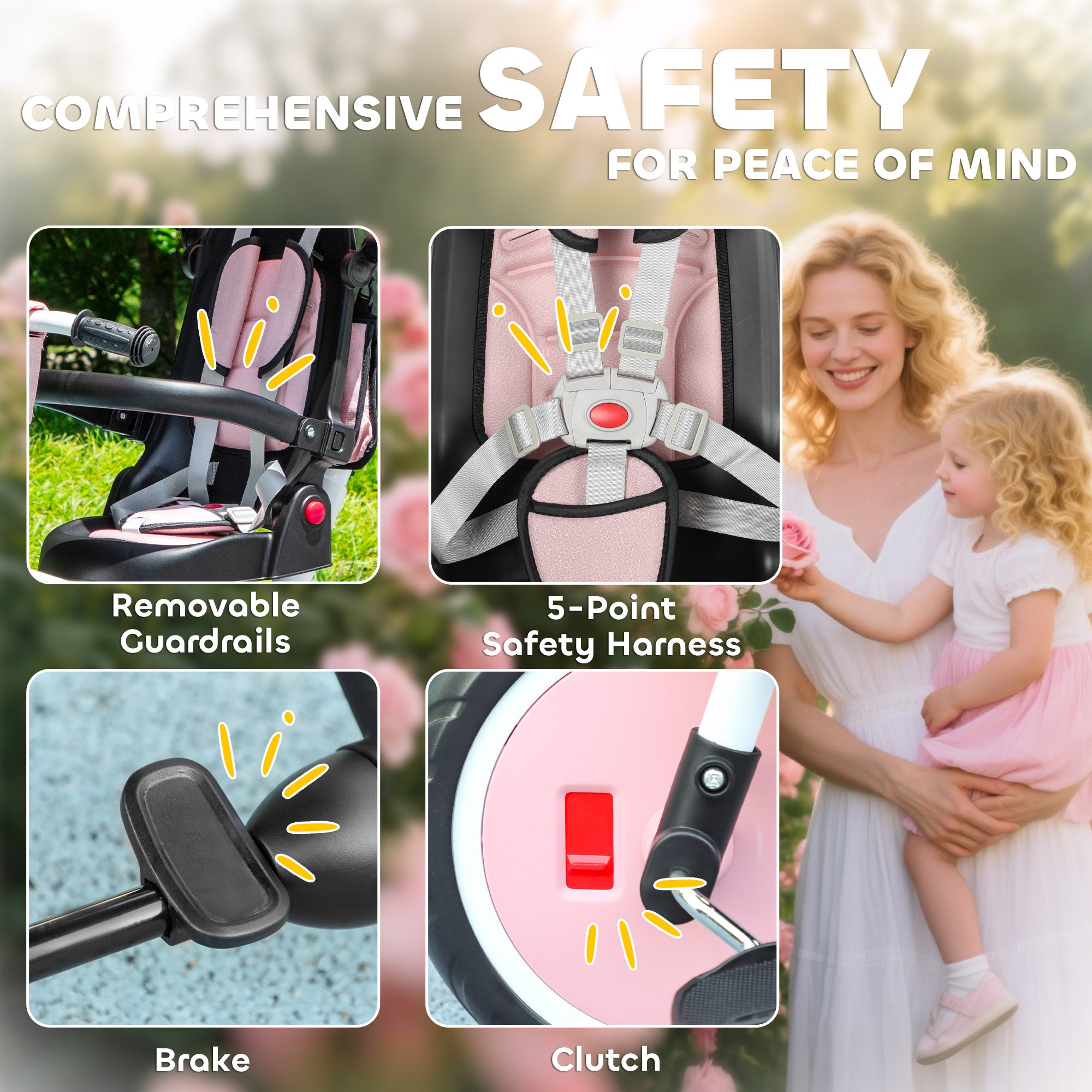 6 in 1 Foldable Kids Trike with Adjustable Parent Handle & Canopy for Ages 1-5, Pink