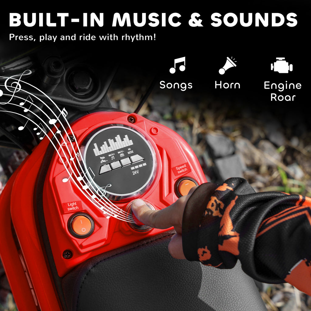 24V Electric Motorbike with Twist Grip Throttle, Music, Horn, 12" Pneumatic Tyres, 16km/h Max Speed