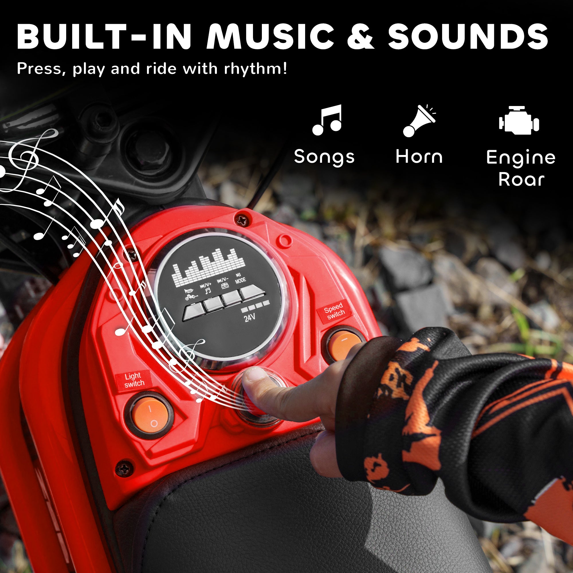 24V Electric Motorbike with Twist Grip Throttle, Music, Horn, 12" Pneumatic Tyres, 16km/h Max Speed