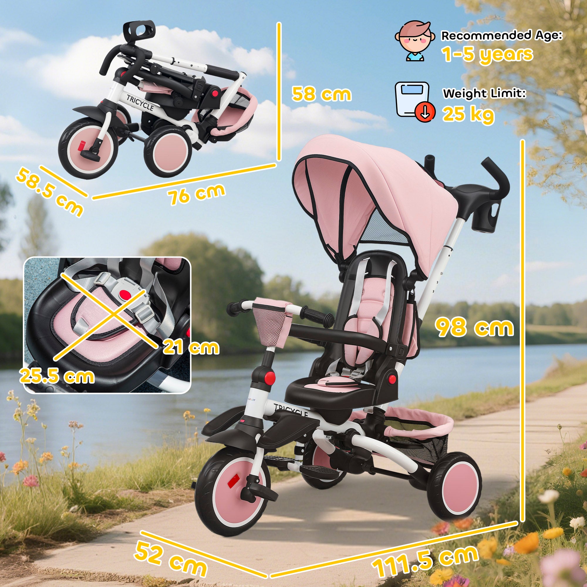 6 in 1 Foldable Kids Trike with Adjustable Parent Handle & Canopy for Ages 1-5, Pink