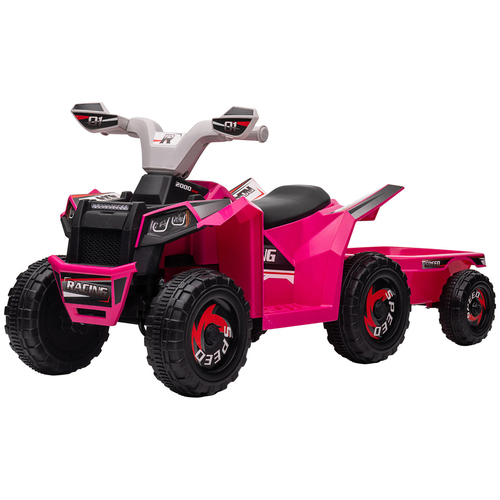6V Quad Bike with Back Trailer, Wear-Resistant Wheels, for Ages 18-36 Months