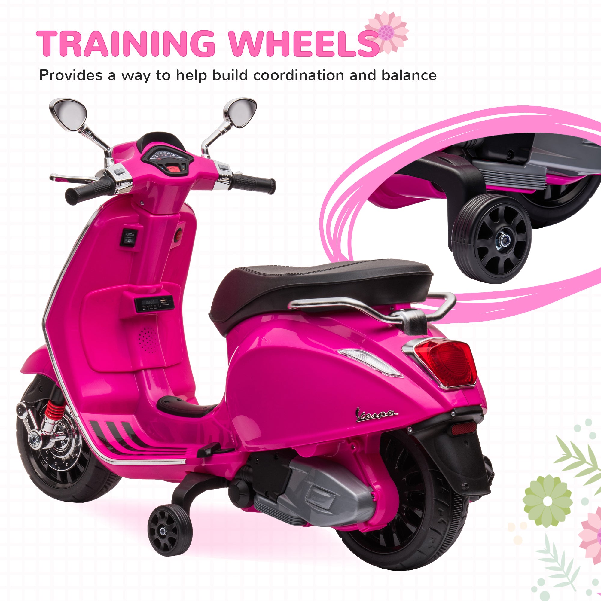 12V Vespa Licensed Kids Electric Motorbike w/ Music, Headlights, FM Radio, for 3-6 Years
