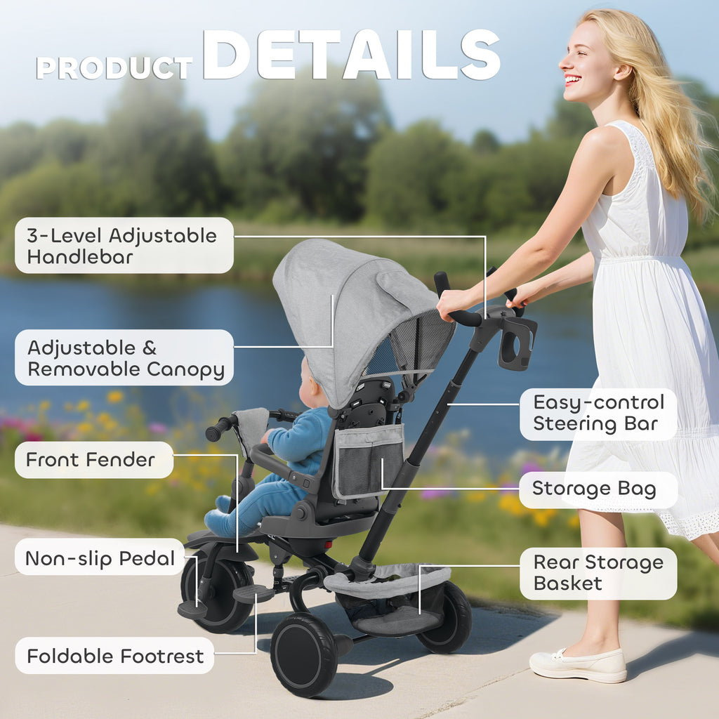 6 in 1 Foldable Kids Trike with Adjustable Parent Handle & Canopy for Ages 1-5, Grey