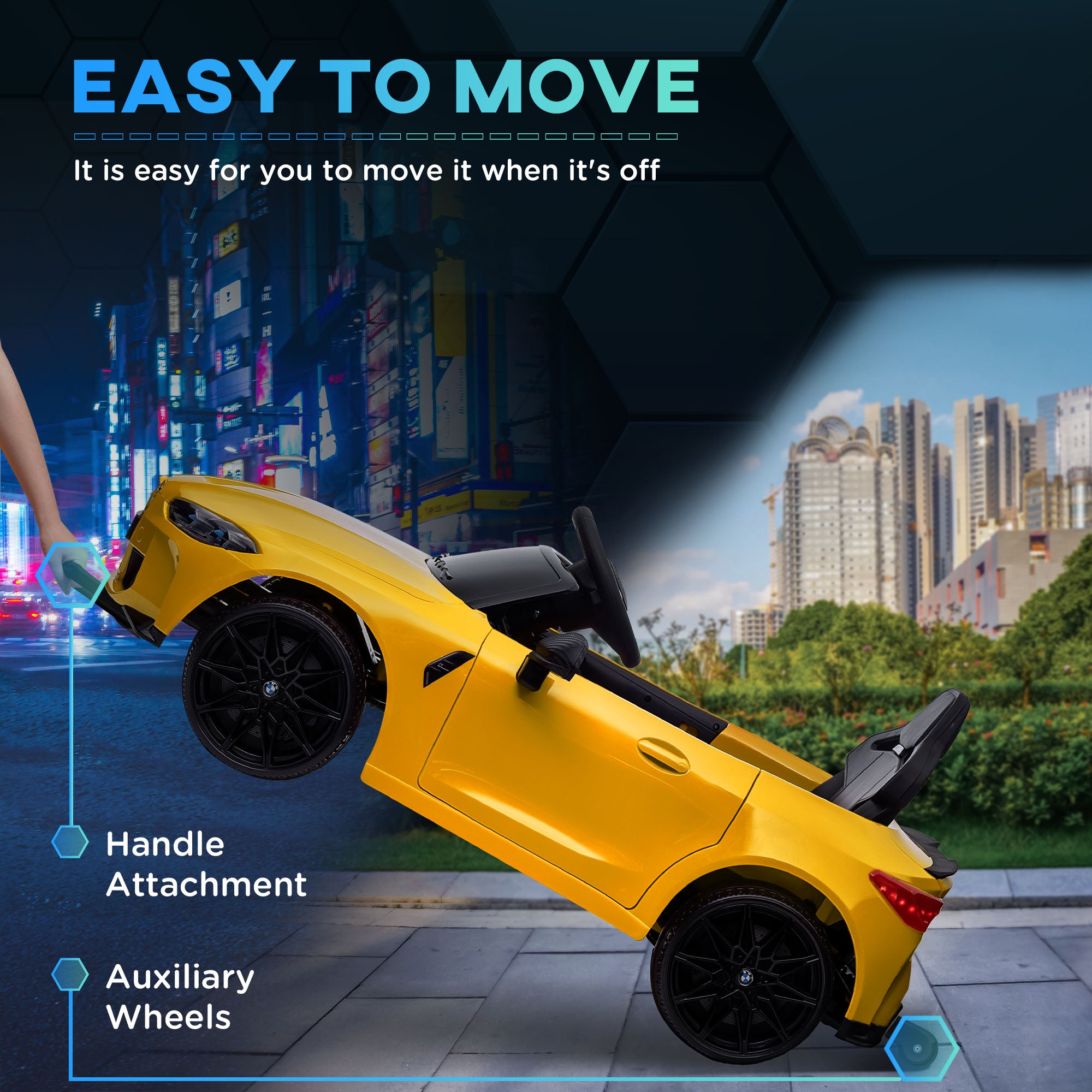 12V BMW M4 Licensed Kids Car with Easy Transport, Remote Control, Suspension, Music, Horn, LED Lights