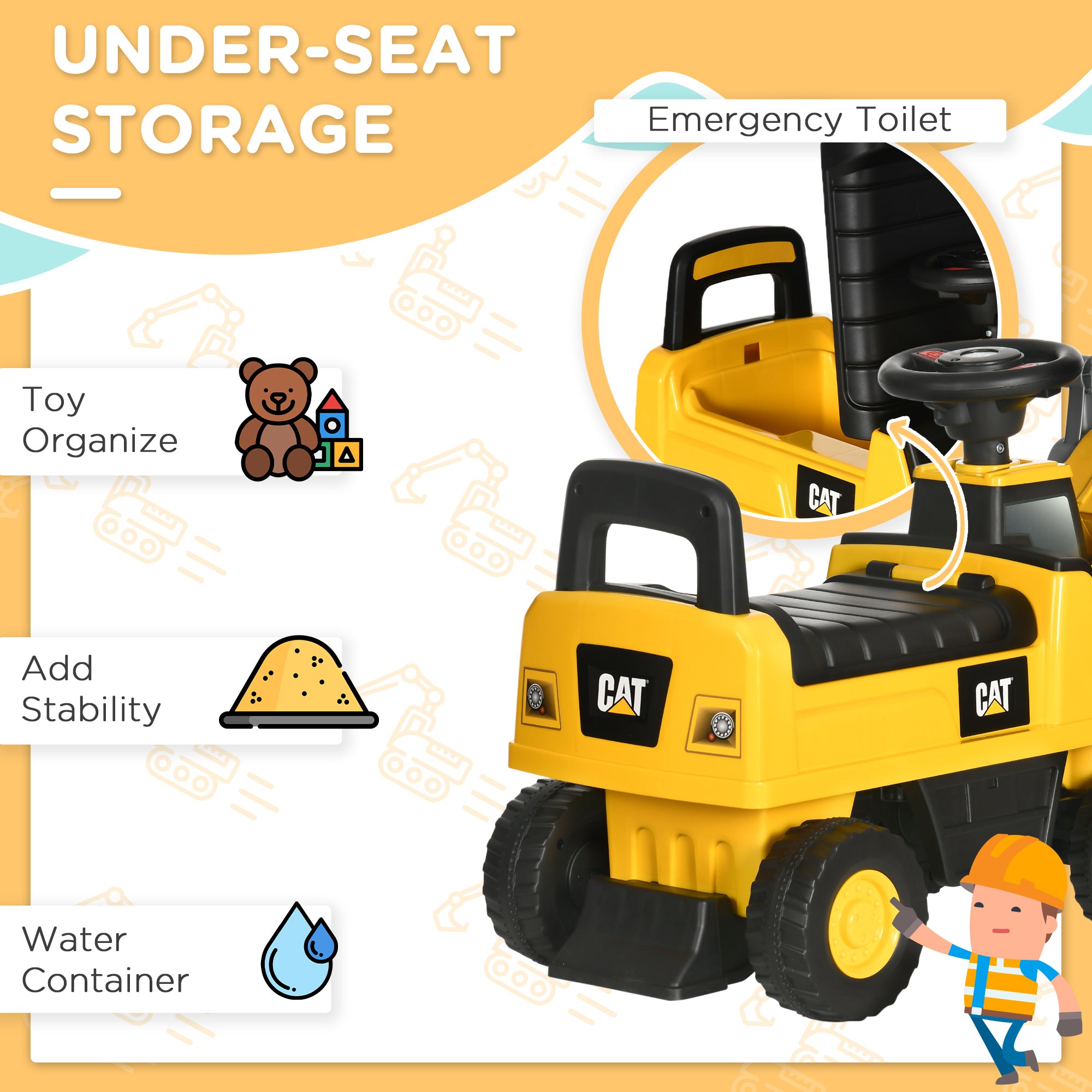 CAT Licensed Kids Construction Ride-On Toddler Digger Excavator Foot-To-Floor Ride-On Toy w/ Manual Shovel, Horn, Hidden Storage, for Ages 1.5-3 Years