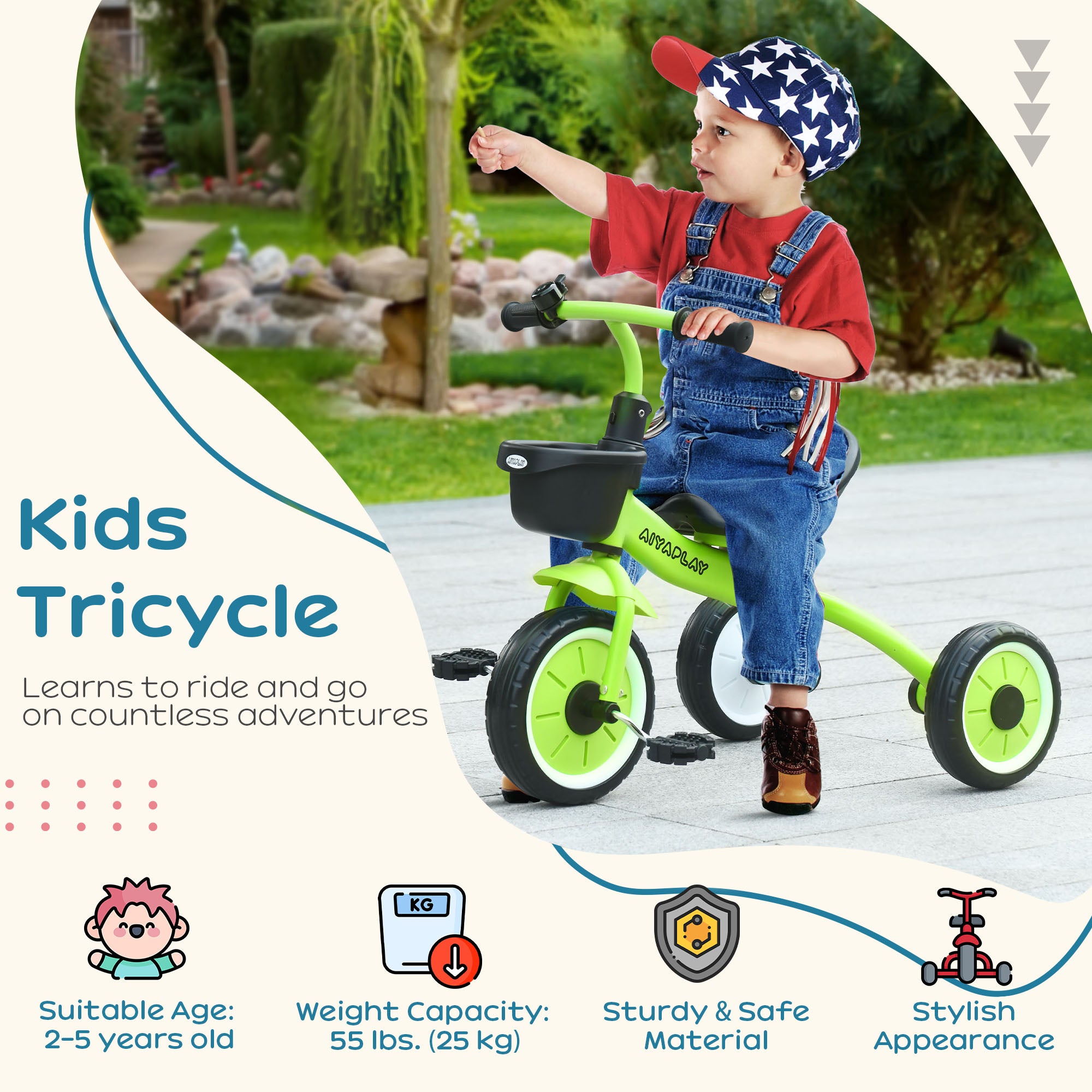 Kids Trike, Tricycle, with Adjustable Seat, Basket, Bell, for Ages 2-5 Years