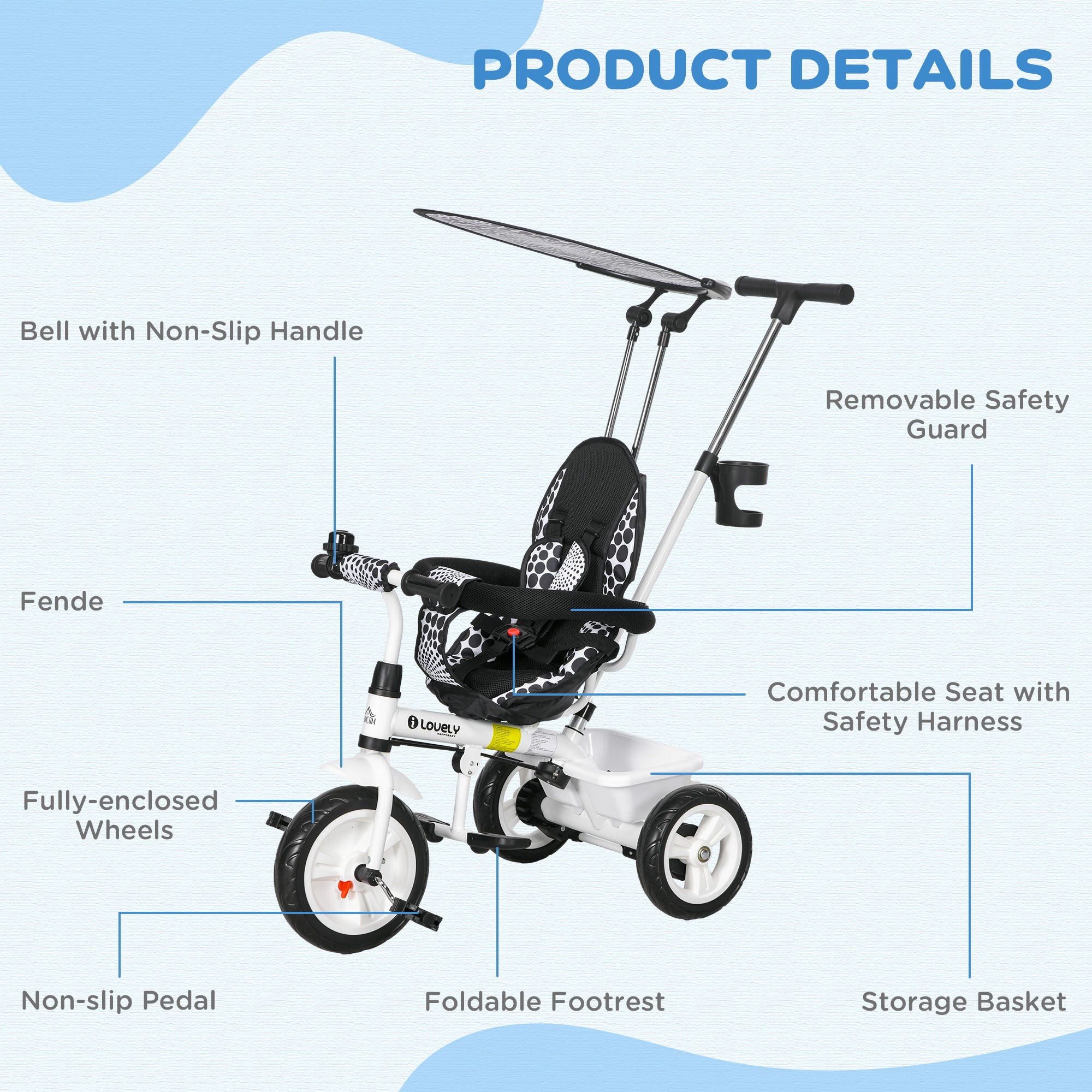 6 in 1 Tricycle for Kids with 5-point harness straps, Removable Canopy