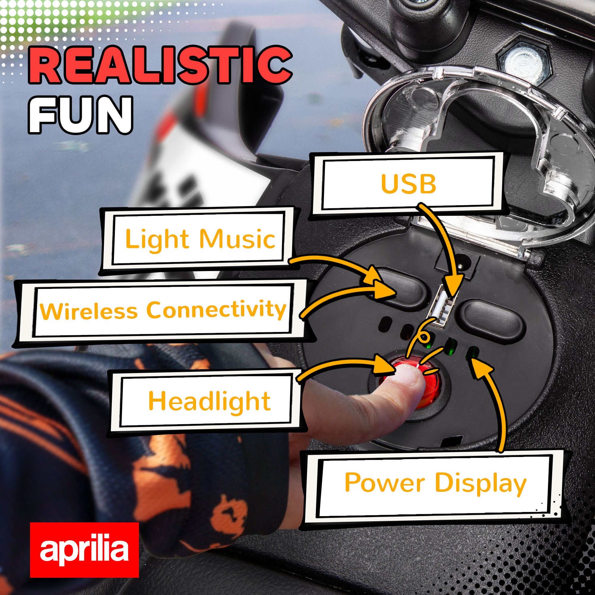 12V Aprilia Licensed Kids Motorbike with Training Wheels, Spring Suspension, LED Headlight, USB, Music