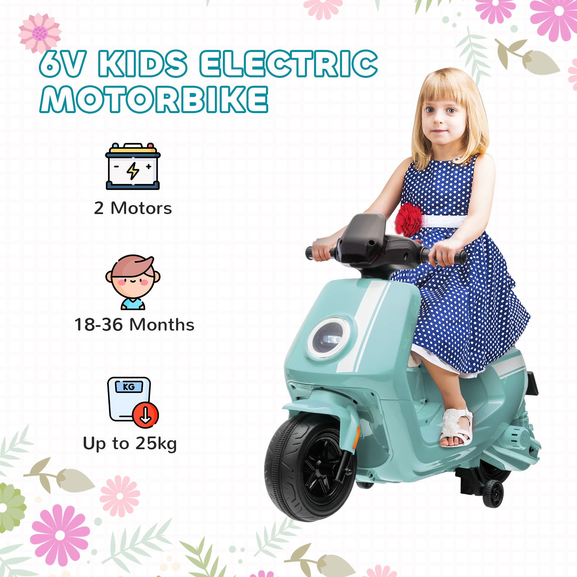 6V Ride on Motorbike, Kids Electric Motorbike w/ Headlights, Music, Training Wheels, for Ages 18-36 Months