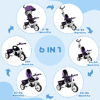 6 in 1 Kids Trike Push Bike w/ Push Handle, Canopy, 5-point Safety Belt, Storage, Footrest, Brake, for 1-5 Years