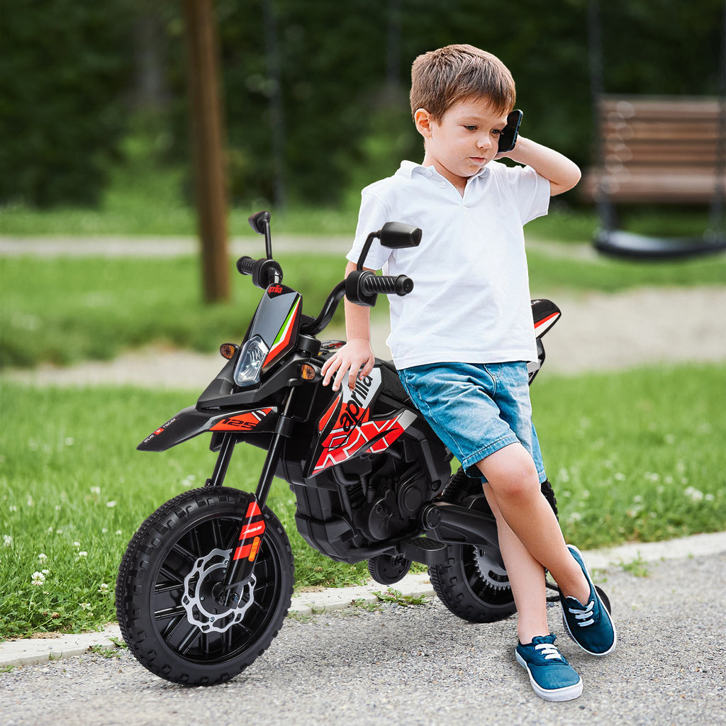 12V Aprilia Licensed Kids Motorbike with Training Wheels, Spring Suspension, LED Headlight, USB, Music