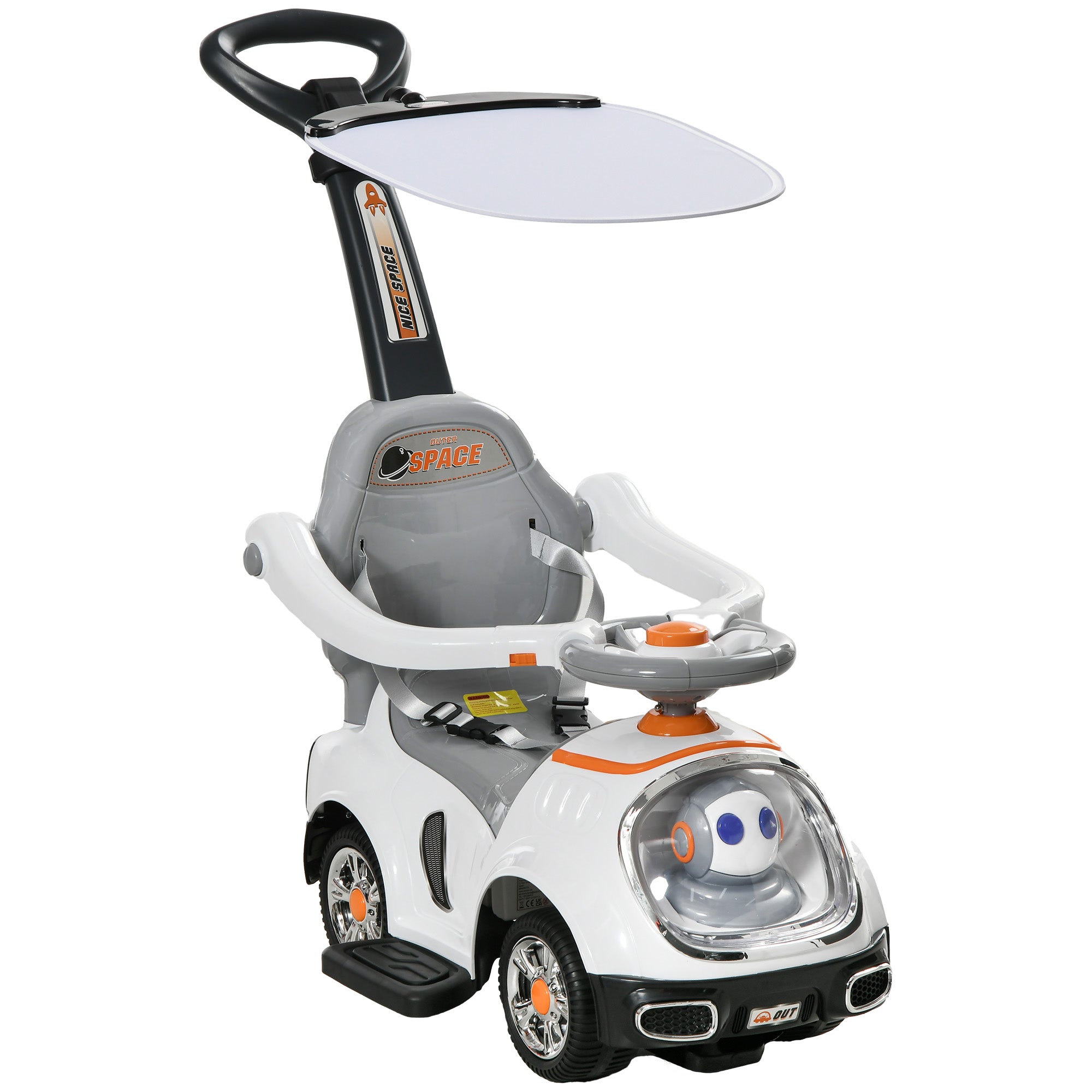 3 in 1 Ride on Push Car, Cartoon Robot Theme Foot to Floor Slider w/ Handle Light Music Horn, Storage