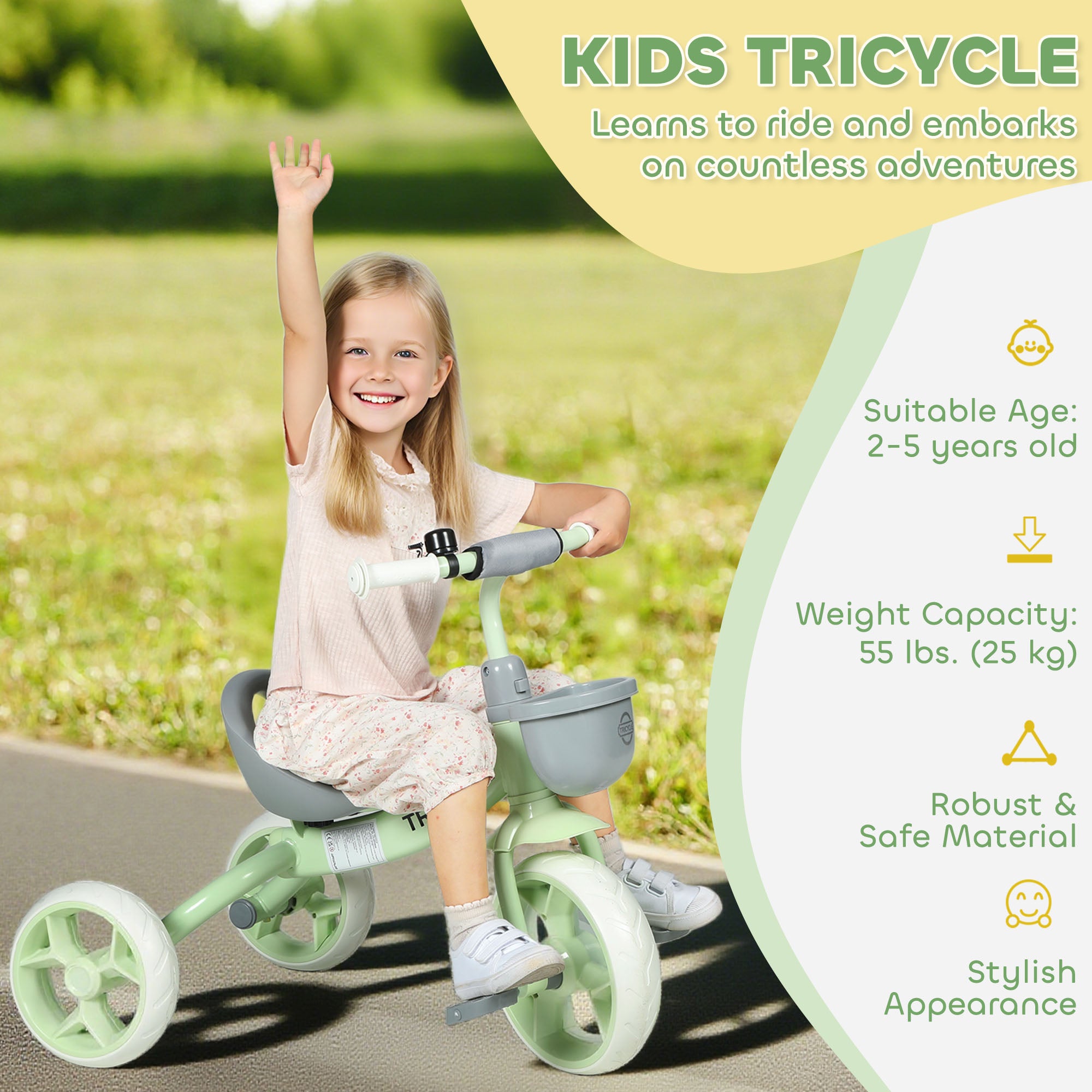 Kids Trike, Toddler Tricycle with Front Basket and EVA Wheels for Ages 2-5 Years, Indoor Outdoor for Boys Girls, Green